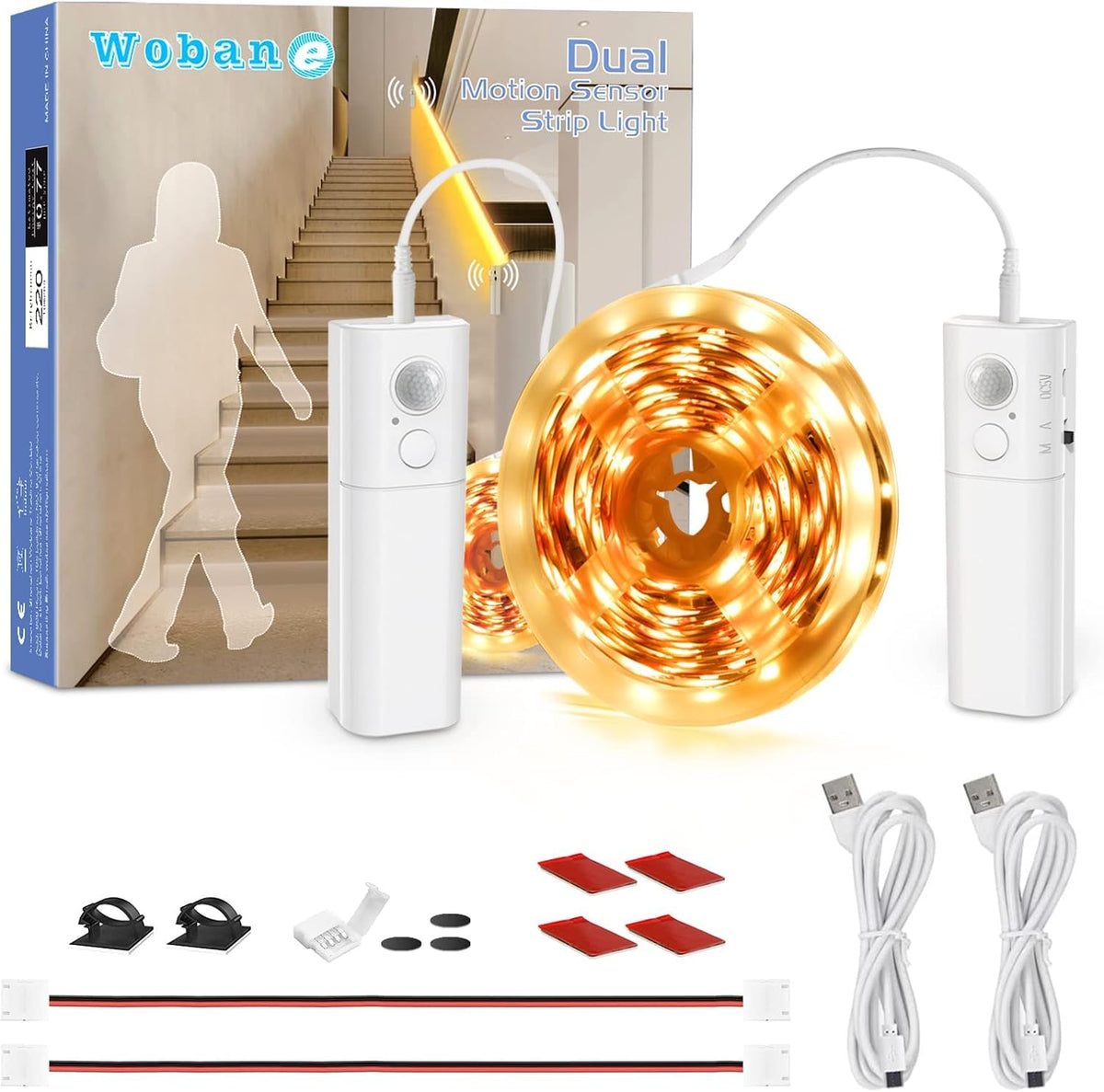 WOBANE 16.4ft Dual Motion Sensor Under Bed Lights,Rechargeable LED Strip