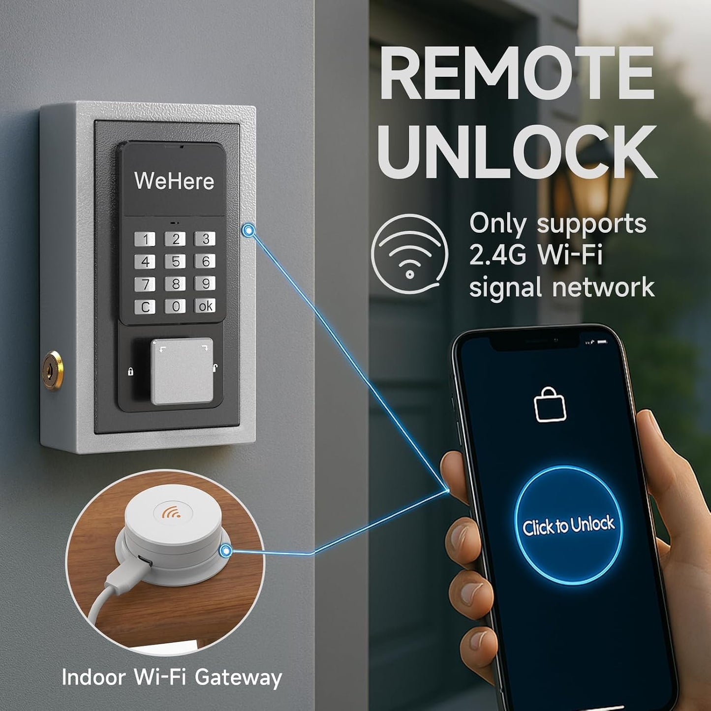 Wi-Fi Bridge (W100) & Door Sensor for WeHere Smart Lockboxes, Door Sensor for Business/Store/Home/Office Security, App Remote Check Door Close or Open