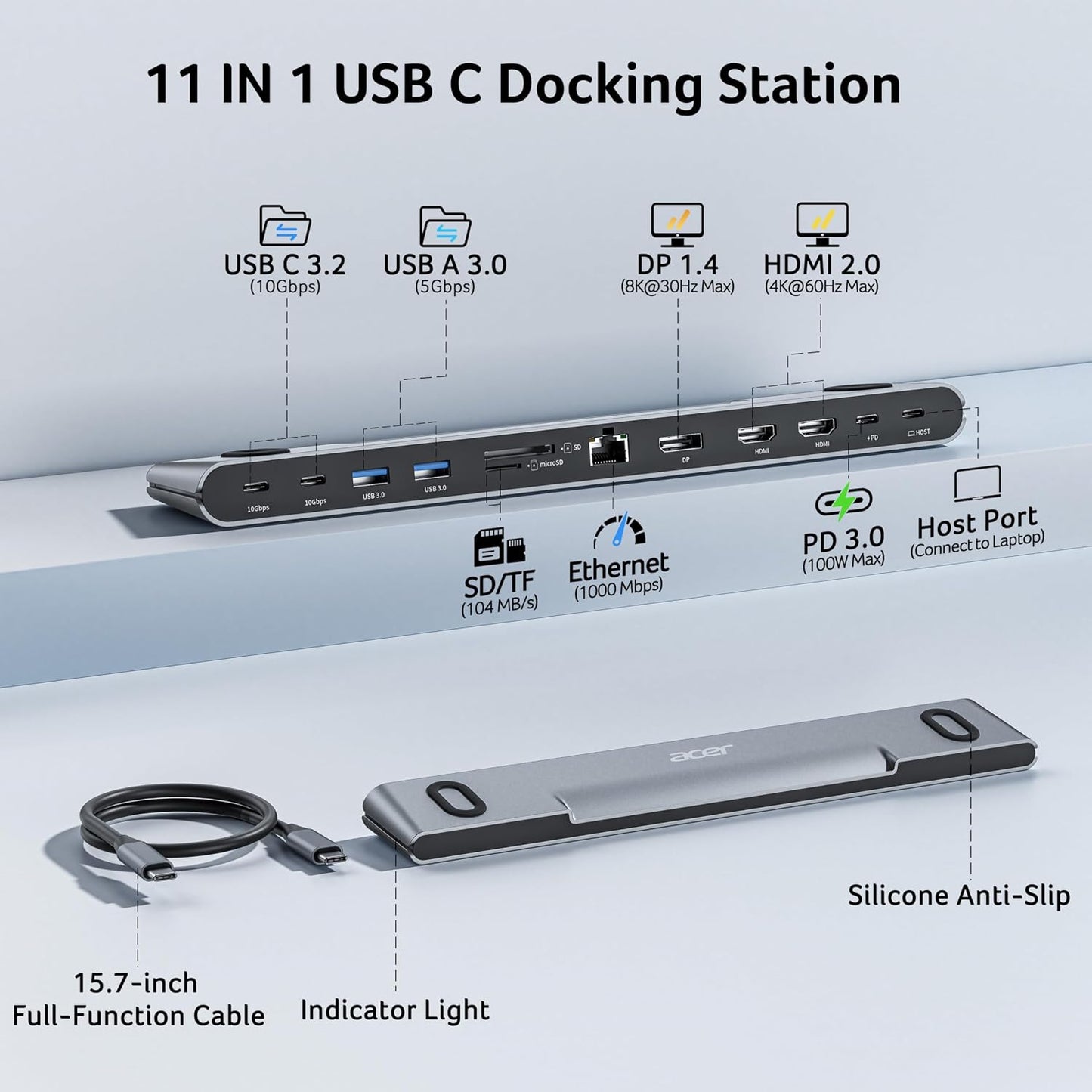 Acer Docking Station 3 Monitors, 11-in-1 Laptop Docking Station Stand with DP 8K + Dual HDMI 4K@60Hz, Ethernet, 10Gbps Data, 100W PD, SD/TF, USB C Dock with Detachable Cable for Acer/Dell/Mac/HP