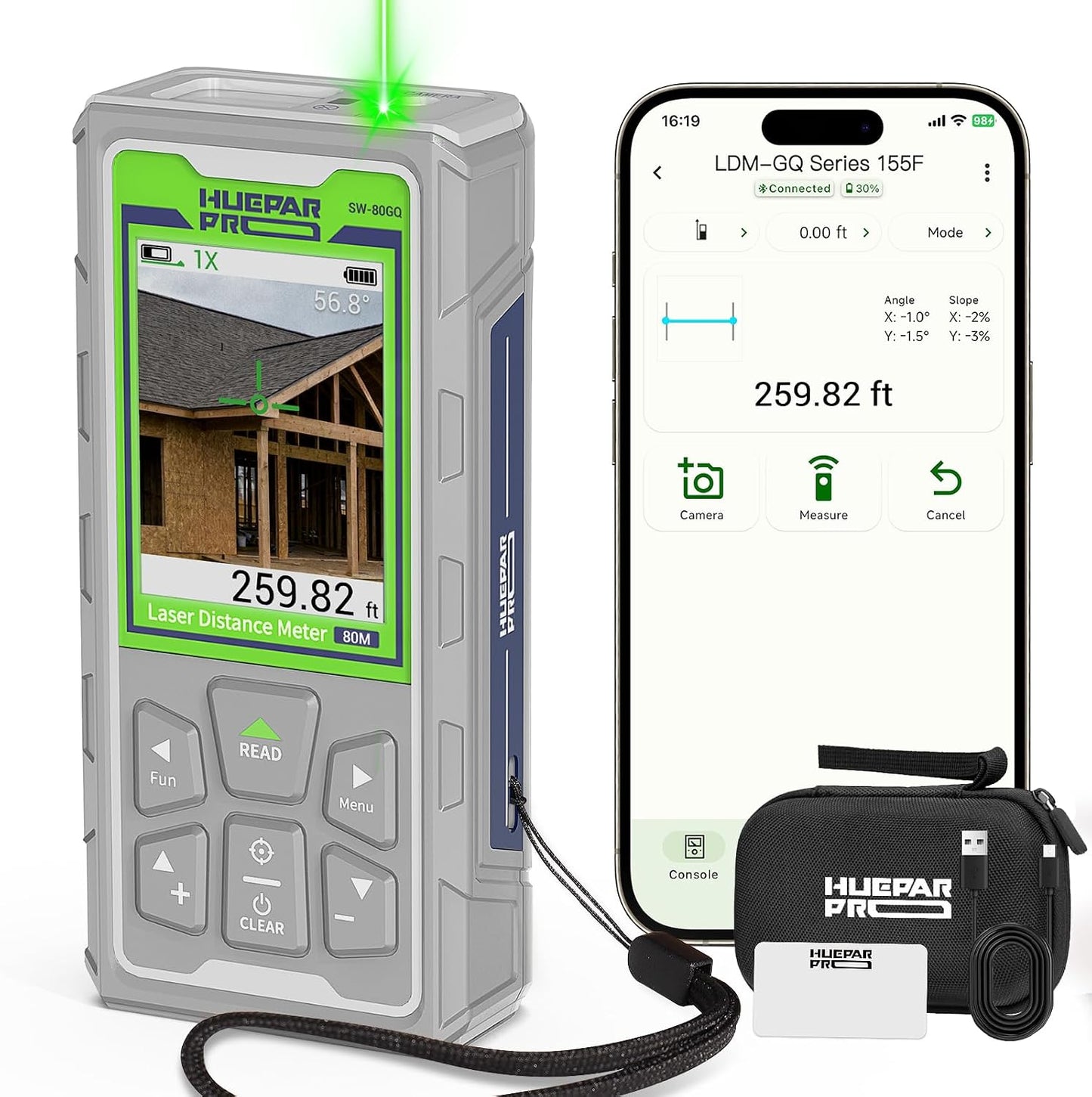 Huepar Pro Laser Measuring Tool, 260Ft Outdoor Laser Measure with Camera&Bluetooth Connected, Green Laser Distance Meter with P2P Technology, Free APP, IP68, Micro USB Cable, Hand Strap&Pouch-SW-80GQ