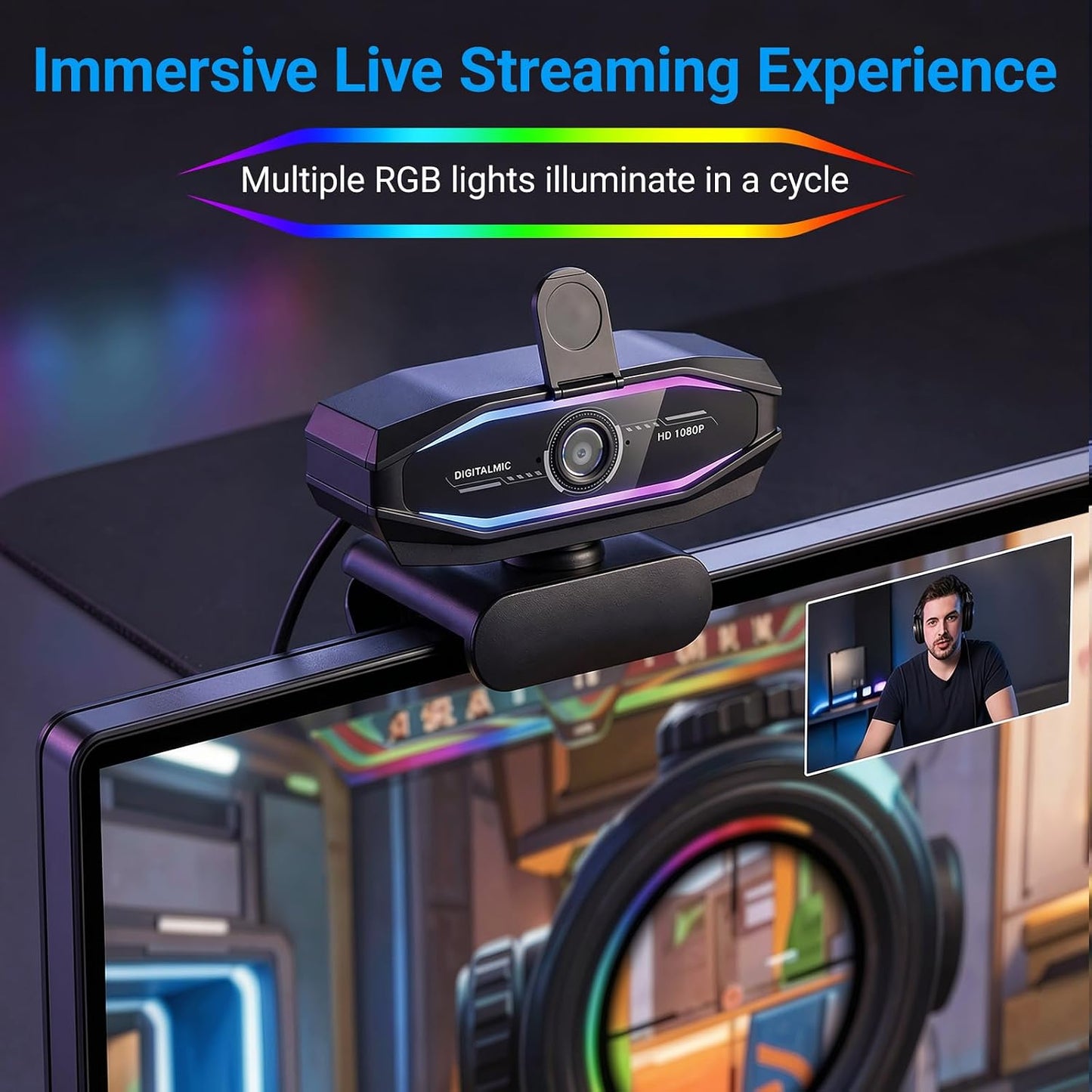 HD 1080P Gaming Webcam with Microphone,Streaming Camera Web Cam with RGB Light,Noise Cancellation, Privacy Cover,Plug and Play,Computer Camera for Desktop/Laptop,Video Calls/Conferencing/Streaming