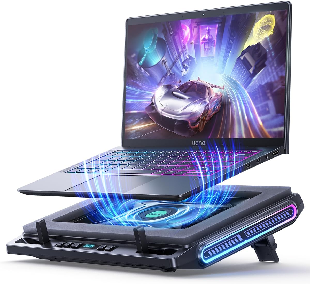 llano V10 Gaming Laptop Cooling Pad, RGB Laptop Cooler Stand Laptop Fan | Powerful 4.72 Inch Turbo Cooling Fan, Fast Cooling Computer 13-17.3in, Button Control, 3 Adjustable Stand, 4-Port USB C&A
