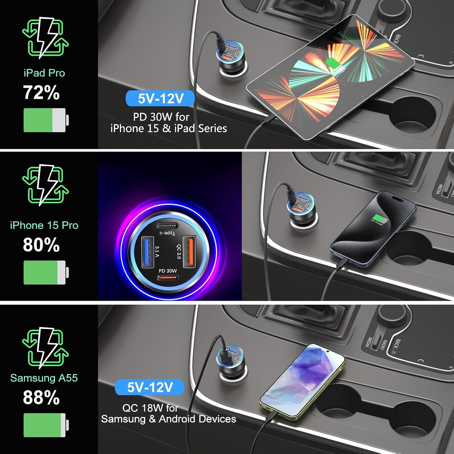 USB C Car Charger 3 Pack, 4-Port 65W Dual USB-C & USB A Car Phone Charger | QC+PD 3.0 Fast Charging,12V to USB Outlet Cigarette Lighter Adapter Plug, for iPhone 17/16/15/14/13/11 Pro,Samsung,Android