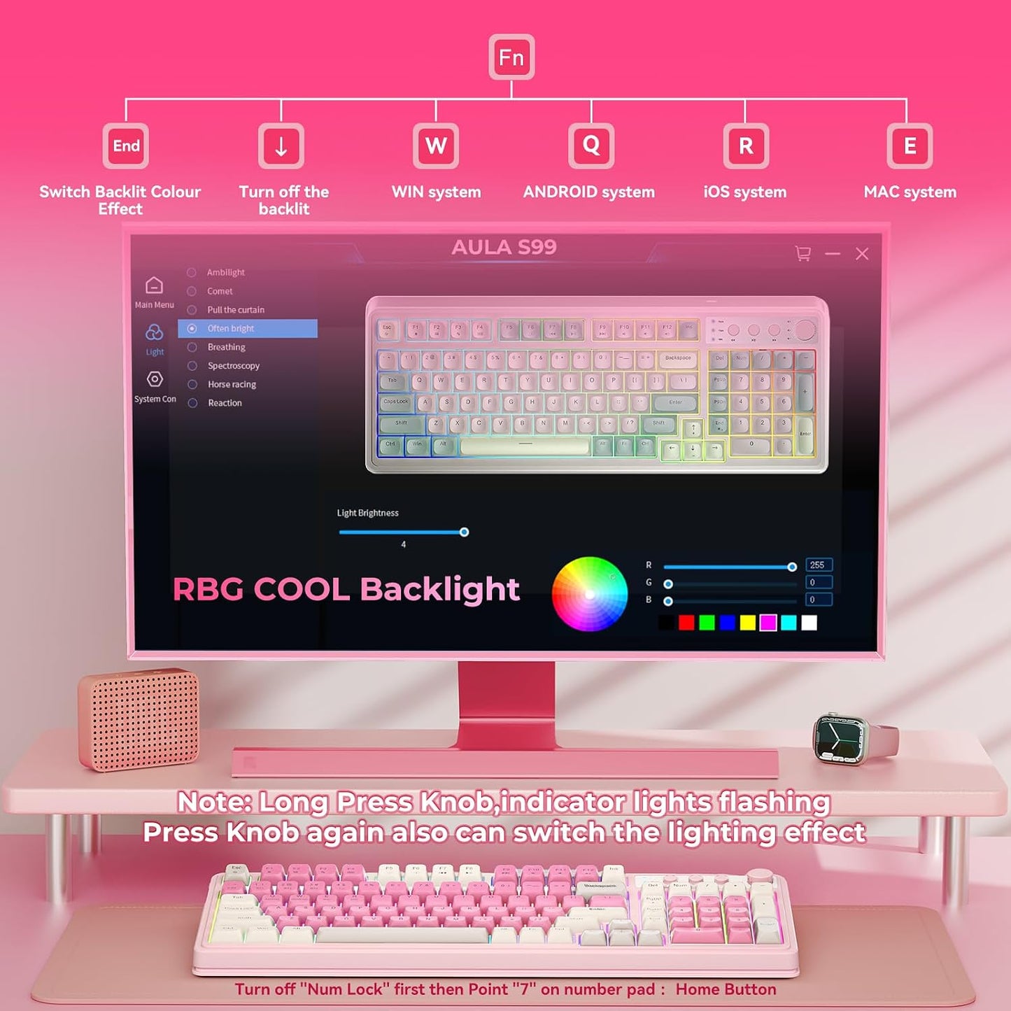 AULA 99 Key Keyboard, Wireless Pink Gaming Keyboard Creamy with Number Pad | Membrane Keyboard,RGB Backlit,Tri-Mode BT/2.4GHz/USB-C,2000mAh Rechargeable Thocky Clicky Creamy Sound Computer Keyboards