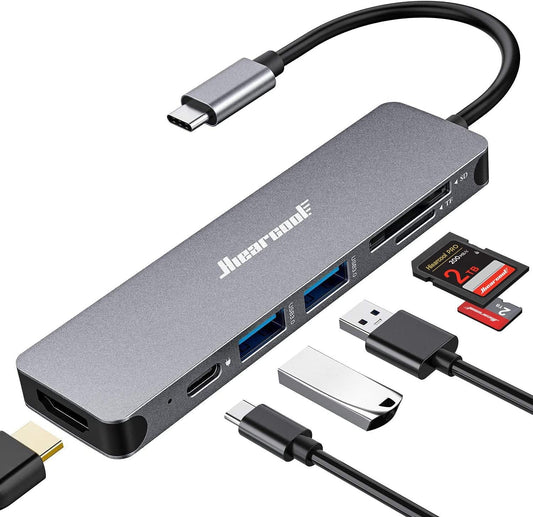 Hiearcool USB C Hub for MacBook – 7-in-1 USBC Adapter with 4K HDMI, 100W PD, USB 3.0 5Gbps Ports, SD/TF Card Reader – USB-C Dongle for Office, Meetings, Travel & Home Setup-Space Grey