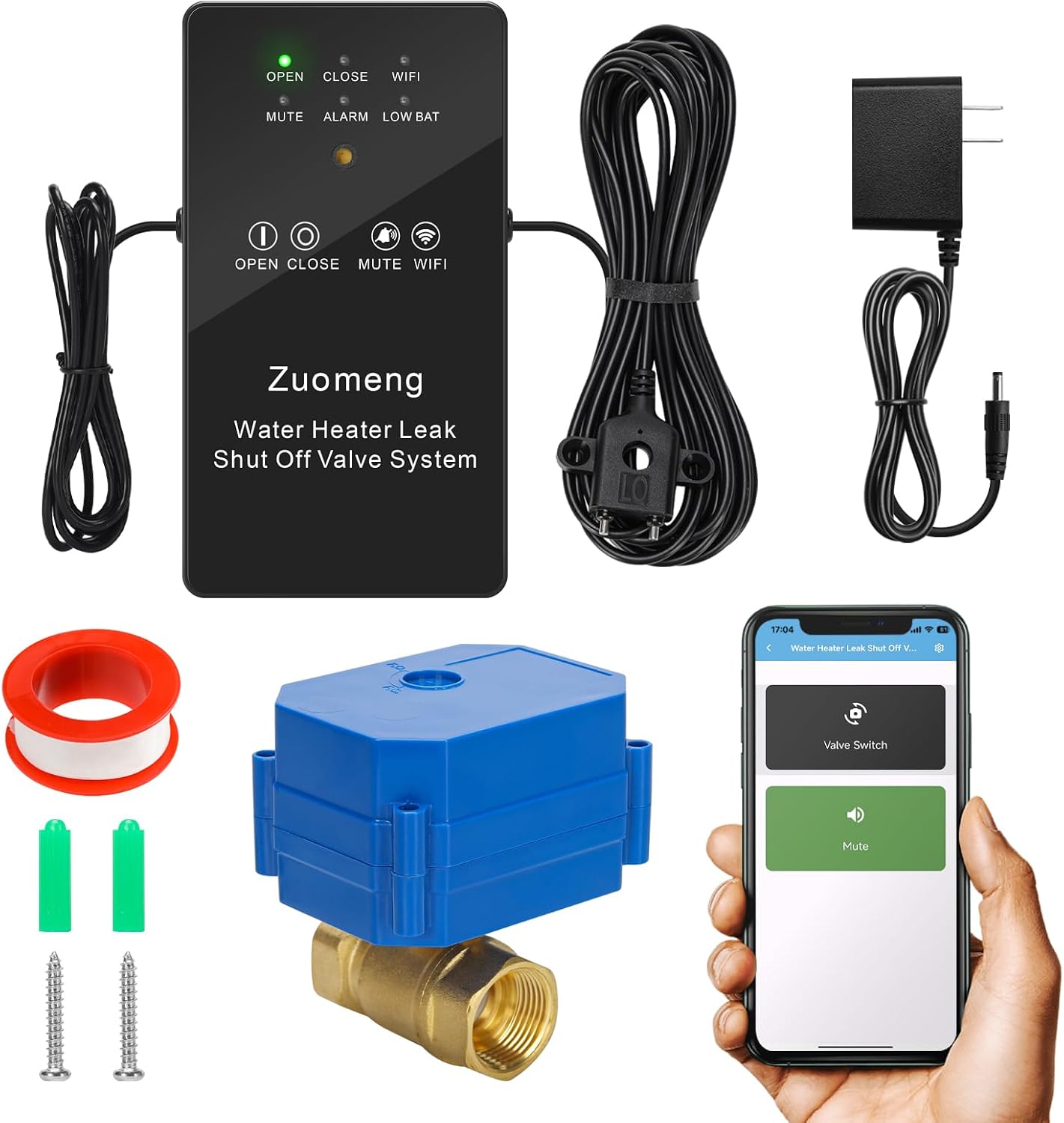 WiFi Water Leak Detector with Automatic Shutoff Valve，Zuomeng Smart Water Heater Remote Stop Device with Leak Sensor, Leakage Alert Push, 3/4" NPT 150PSI Brass Valve, Get Rid of Water Leakage