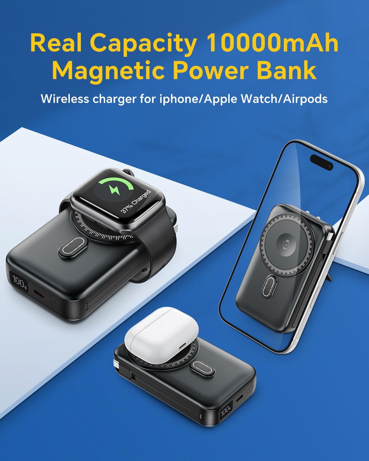 DR.HILL Magnetic Battery Pack Real Capacity 10000mAh, 22.5W Fast Charging Portable Charger with Built-in Cables & AC Wall Plug, Foldable Stand Power Bank for Apple Watch Phone 17/16/15/14/13 (Black)