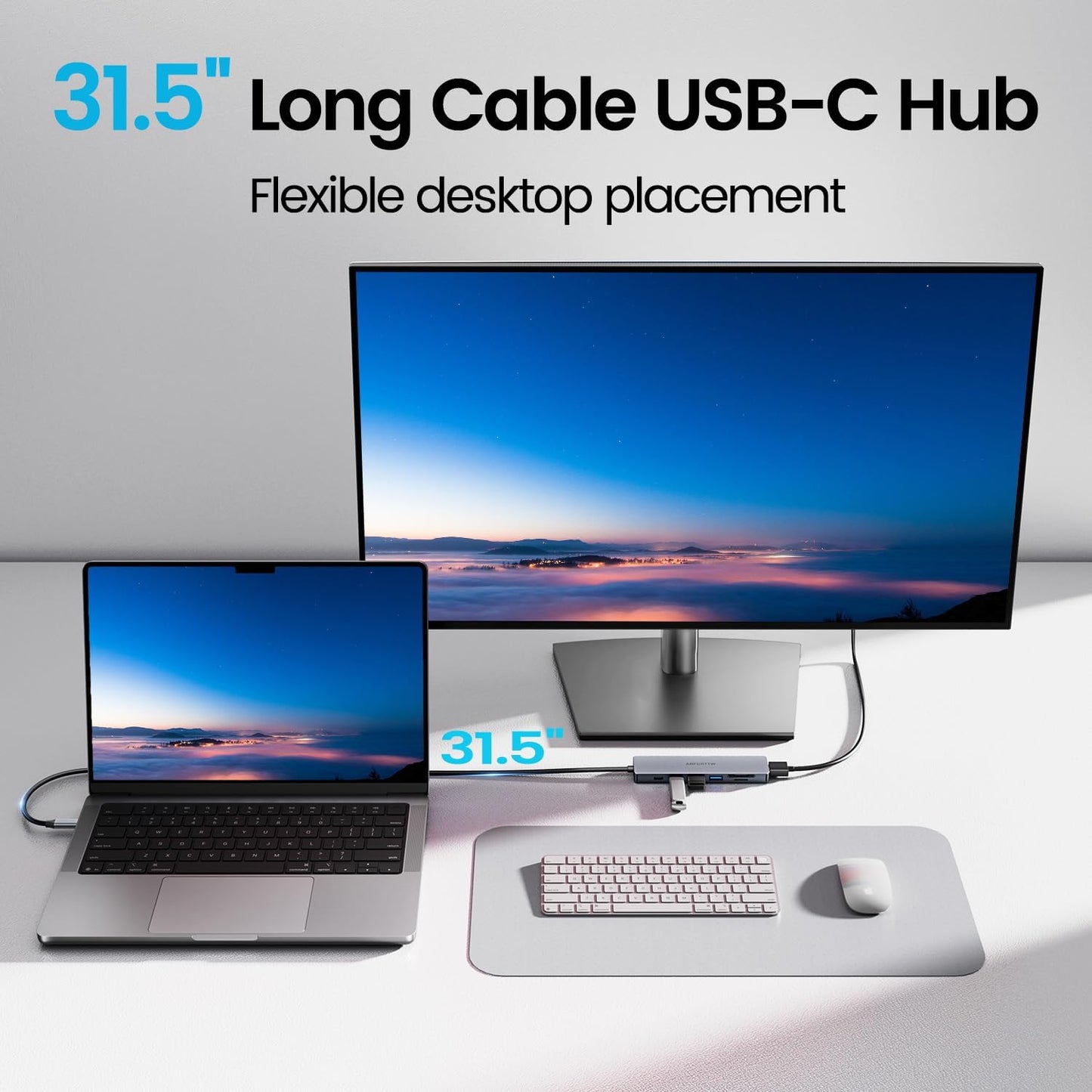 7 in 1 USB C Hub Multiport Adapter for MacBook, Laptop, iPad | USB C Docking Station with 31.5'' Cable, 4K@60Hz HDMI, 100W PD Fast Charging , 2 USB 3.0 & USB-C Data Port, SD/TF Card Reader