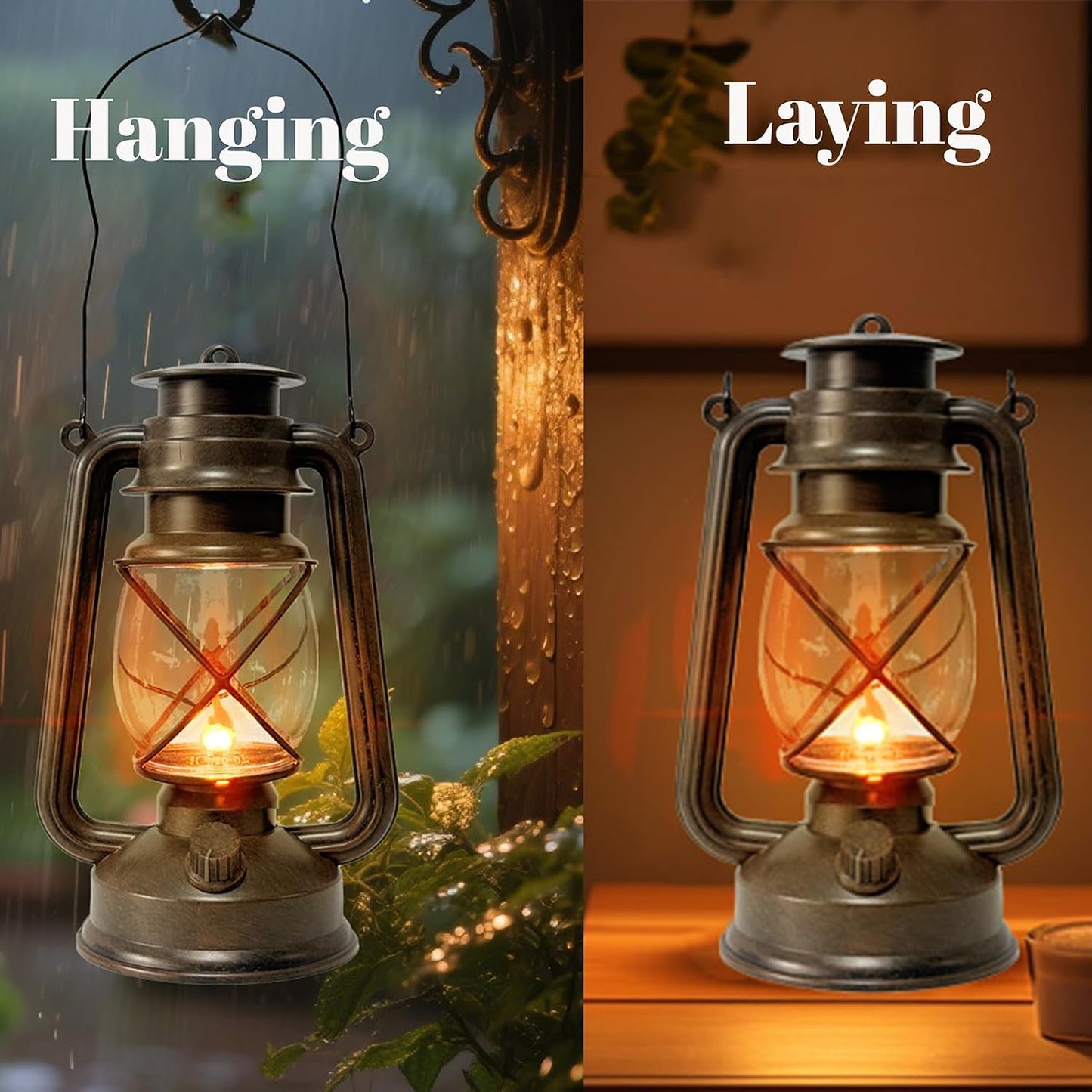 Vintage Lantern LED Outdoor Battery Powered Lanterns with Dancing Flame Wick Waterproof Camping Lamp Non-Solar Hanging Lantern Lights Landscape Decor for Indoor/Outdoor Use- Bronze Color