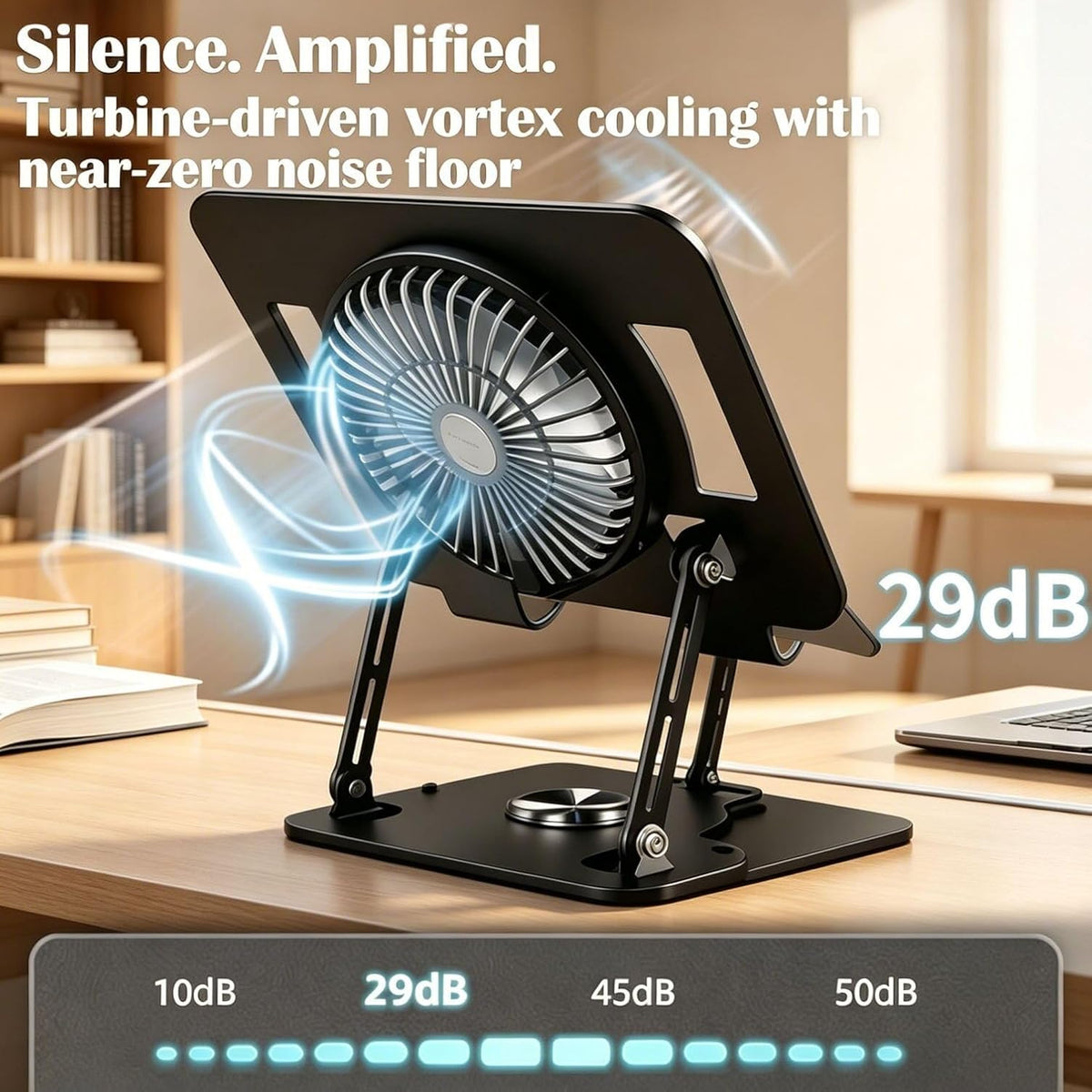 Laptop Stand for Desk with Quiet Cooling Fans - 2-in-1 Rotating Base with Phone Holder, Ergonomic Computer Stand, Aluminum Laptop Riser Foldable for Office Home fits MacBook Air Pro, Dell, HP (silver)
