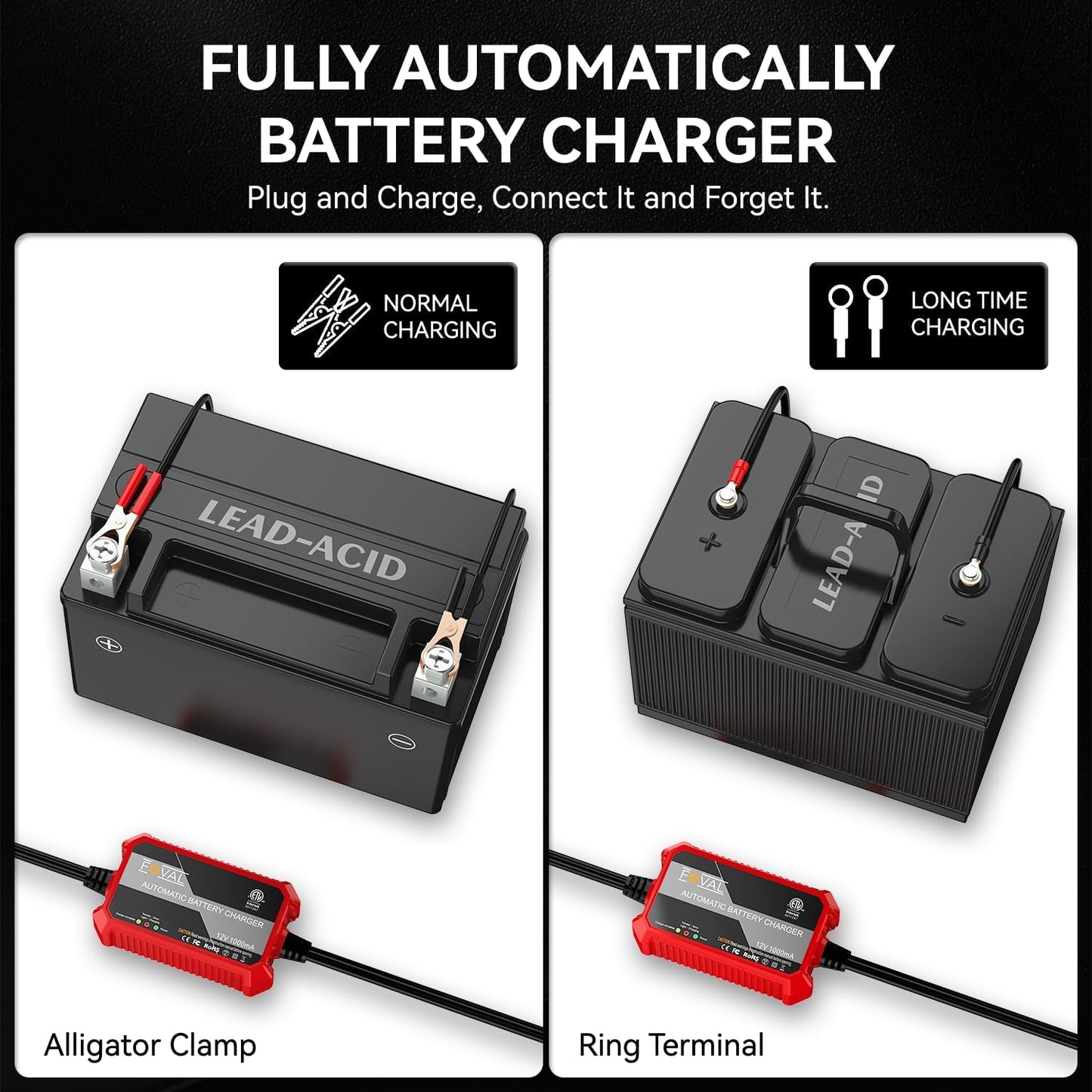 Foval Automatic Trickle Battery Charger 12V 1000mA Smart Battery Charger