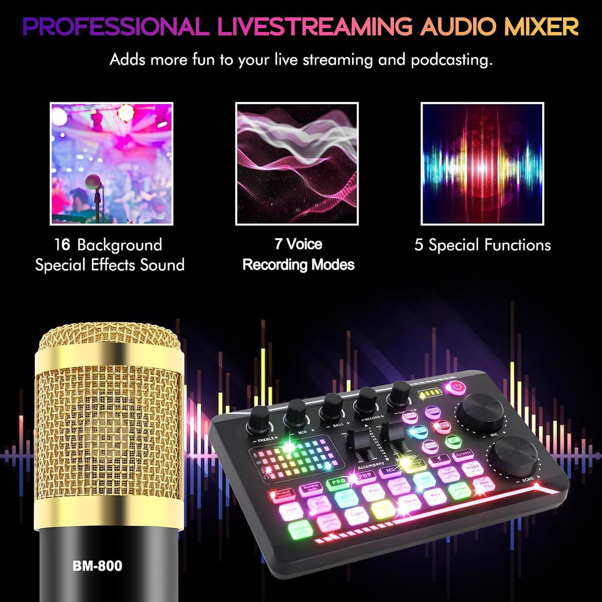 Podcast Equipment Bundle, F998 Sound Card with BM-800 Microphone | Podcast Equipment with Audio Mixer, Recording Studio Equipment for Podcasting Singing Gaming Live Streaming YouTube Tiktok