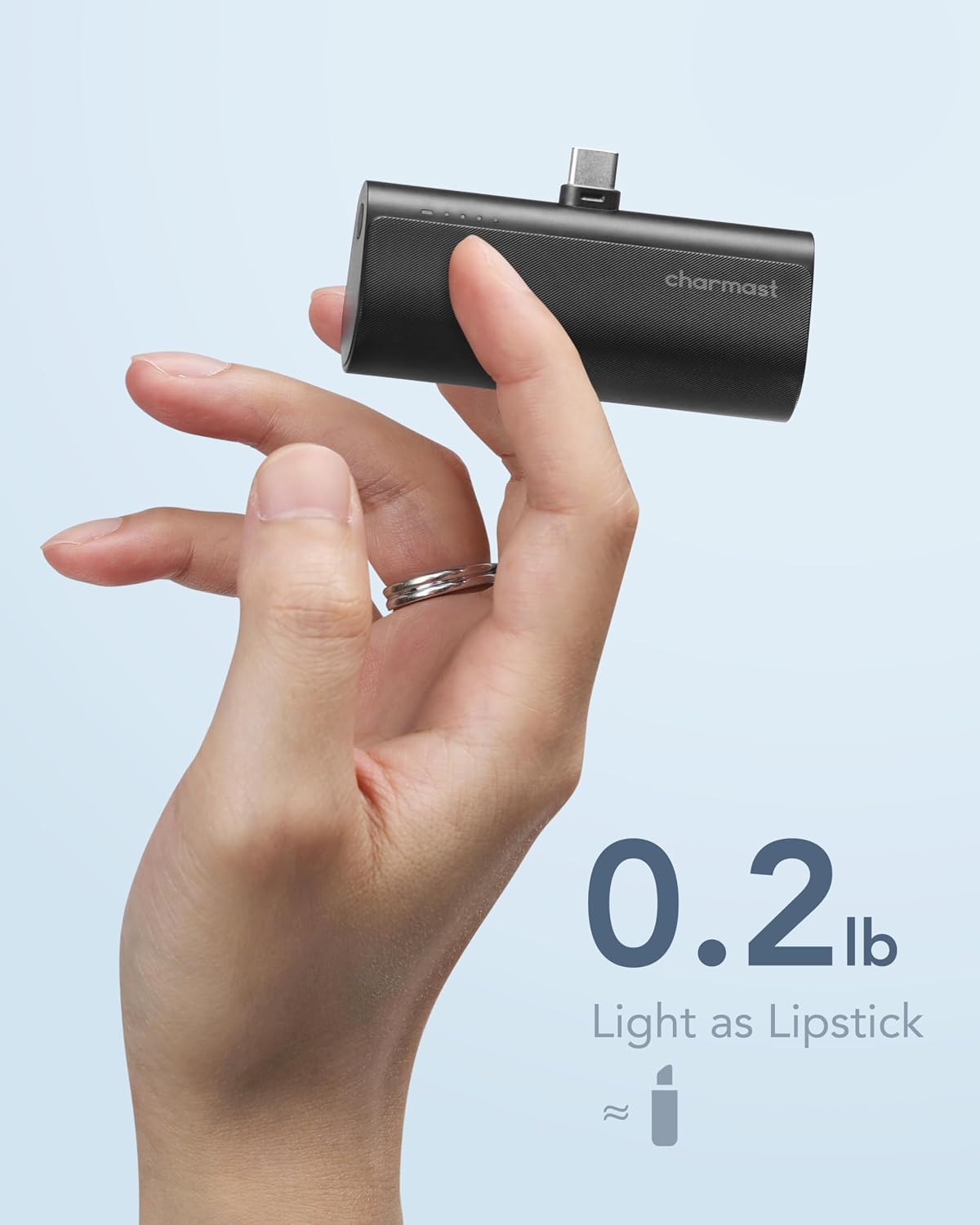 charmast Mini Portable Charger USB-C Connector, 5000mAh Small Power Bank | Lipstick-Size Battery Pack for iPhone 17/16/15 Samsung Android, Lightweight, Purse Ready, Direct Plug-in, 20W Fast Charging