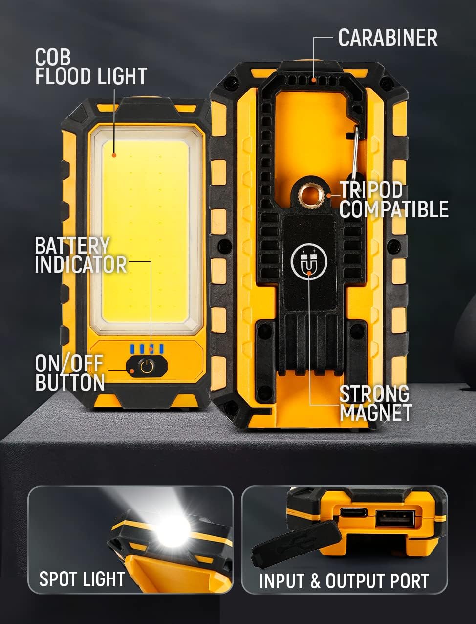 innofox LED Rechargeable Magnetic Work Light 40W 1500Lumens, Hanging Hook 4 Lighting Modes, Job Site Lighting for Car Repairing, Camping, Hunting, and Hurricane (2, Orange)