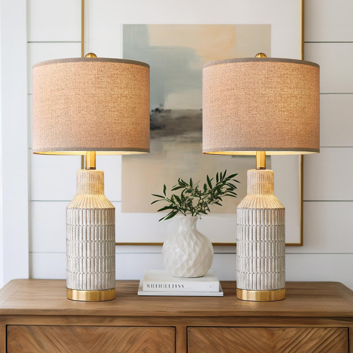 USumkky 25" Table Lamps Set of 2 - Modern Bedside Lamps for Living Room - White Washed Ceramic Nightstand Lamps for Bedroom