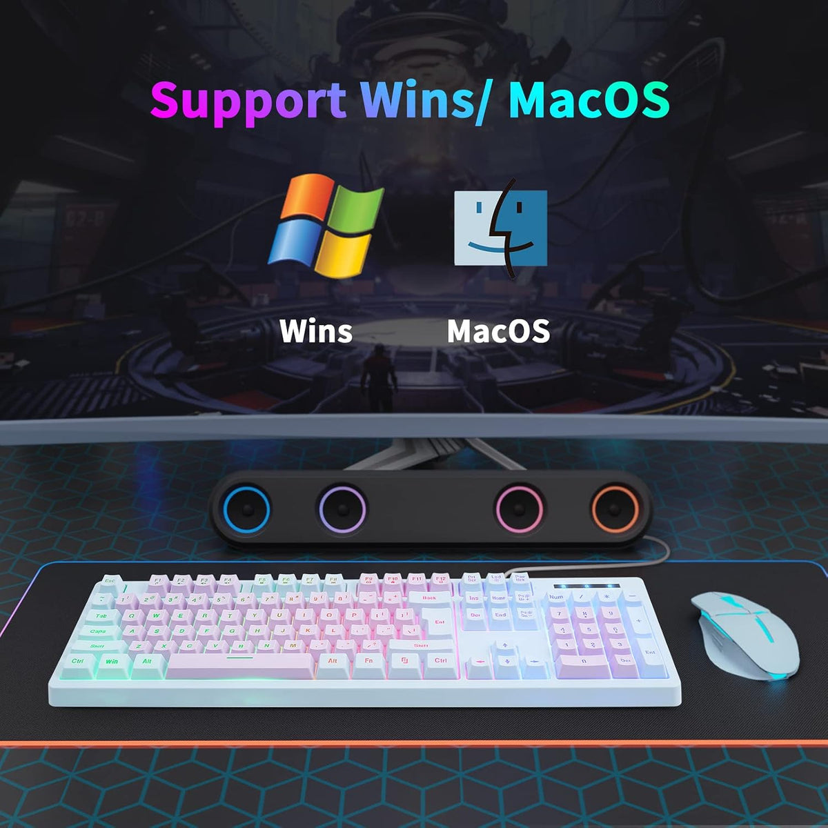HUO JI Wired Gaming Keyboard with Rainbow LED Backlit, Purple Blue | Floating Keys, Mechanical Feeling, Spill Resistant, USB Ergonomic for Xbox, PS Series, Desktop, Computer, PC