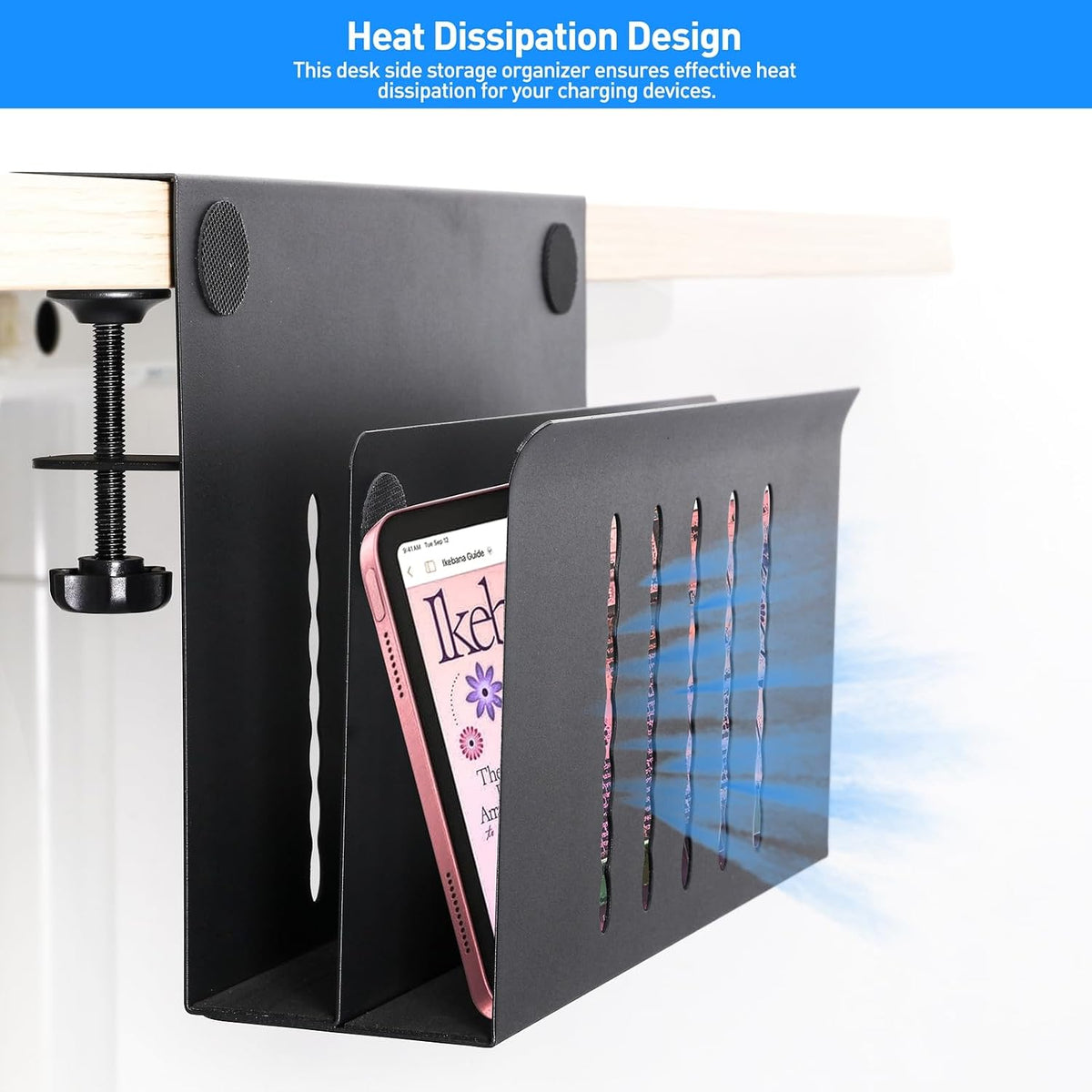 MAXECHO Desk Side Storage, Under Desk Laptop Mount, Table Side Hanging File Organizer, No Drill Clamp On Cable Management Tray, Laptop Holder with Magnetic Pen Holder for Office and Home, Load 22 Lbs