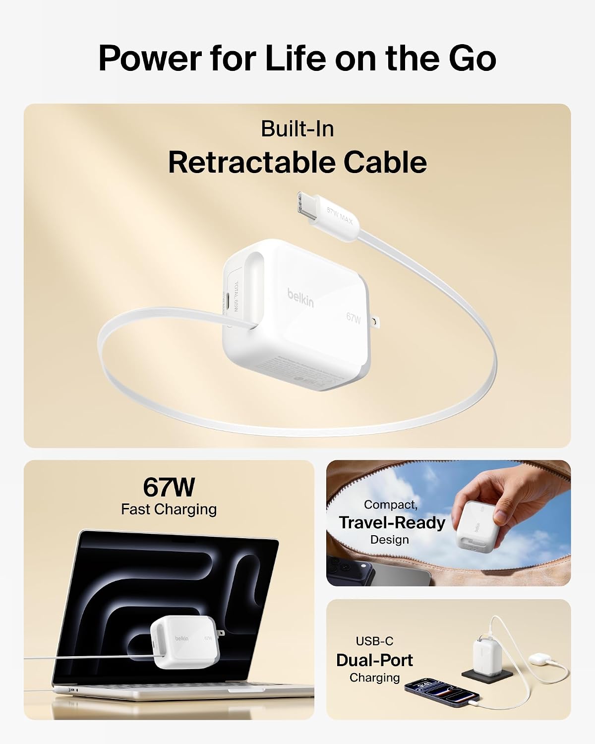 Belkin 67W GaN USB C Retractable Charger Block Fast Charging for Travel | 3.3ft Retractable Cable, USB C Port, iPhone 17, Galaxy S26, AirPods, iPads, MacBook, Travel Charger, Charge Up to 2 Devices