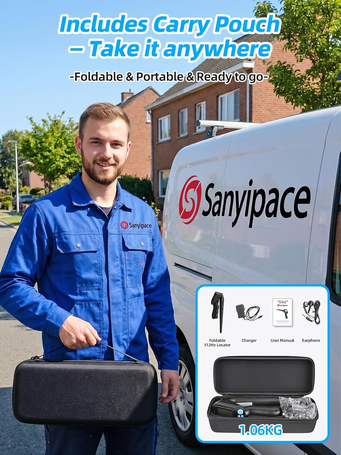 Sanyipace 512Hz Pipe Locator, Underground Pipe Detector with 3" Screen, Dual Modes & Adjustable Handle, Rechargeable Battery & Carrying Case for Sewer Camera Pipe Plumbing HVAC Inspection