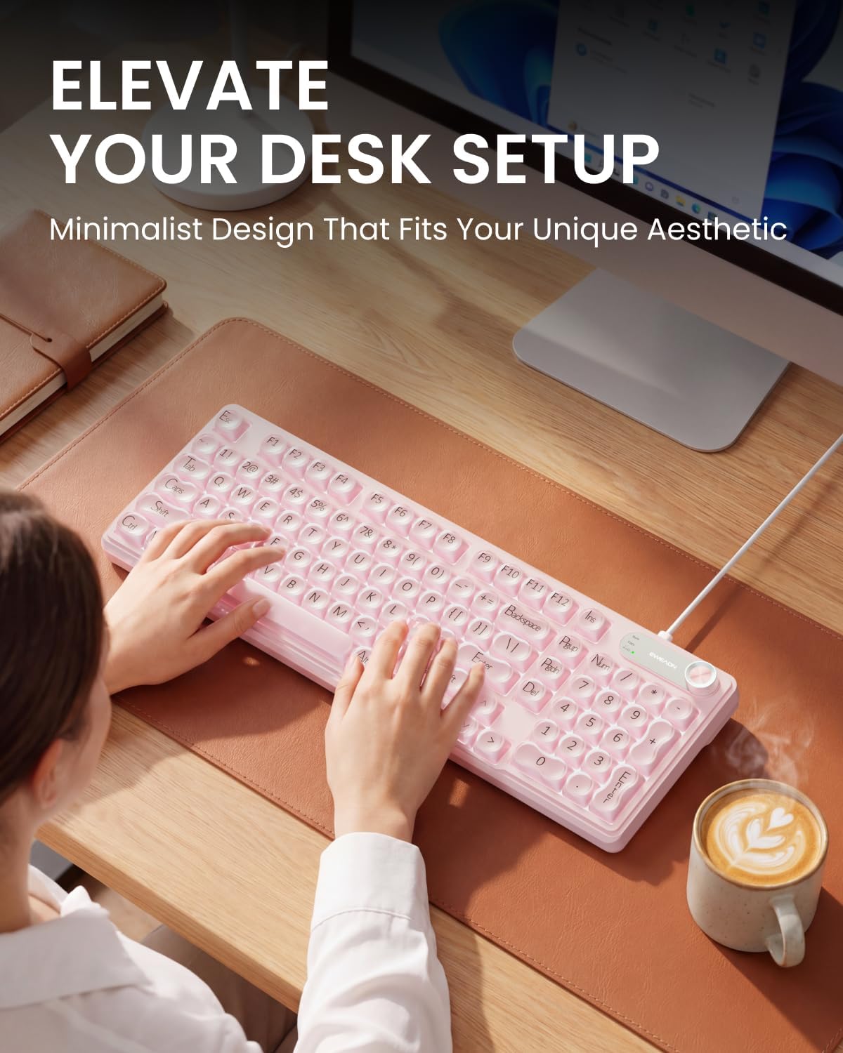EWEADN V102 Wired Keyboard, 98 Keys Creamy Gaming Keyboard with Number Pad, Display Screen & Media Knob RGB Silent Wired Cute Computer Keyboard for Laptop PC Gamer - Pink