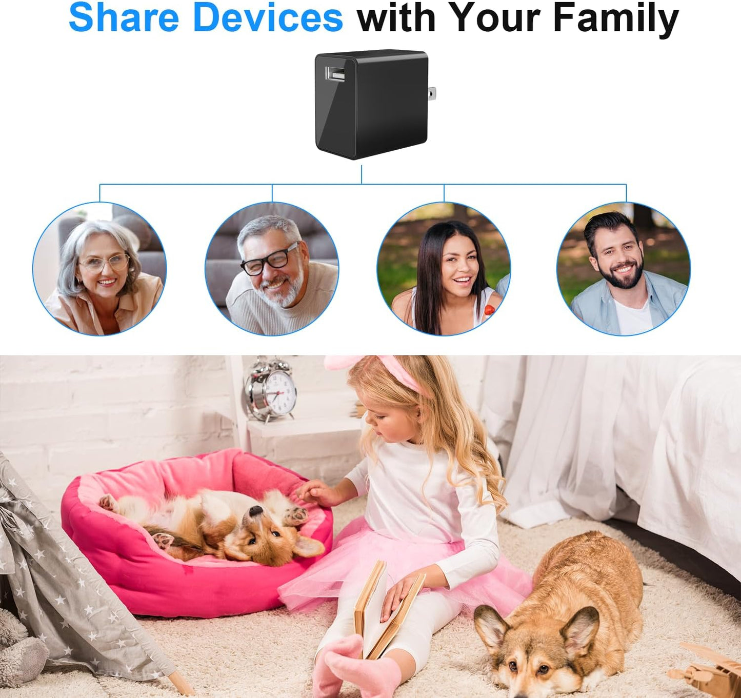 Small Wireless Camera with USB Charger - Full HD 1080P - Mini Security Cam for Indoor Use - Cloud Storage