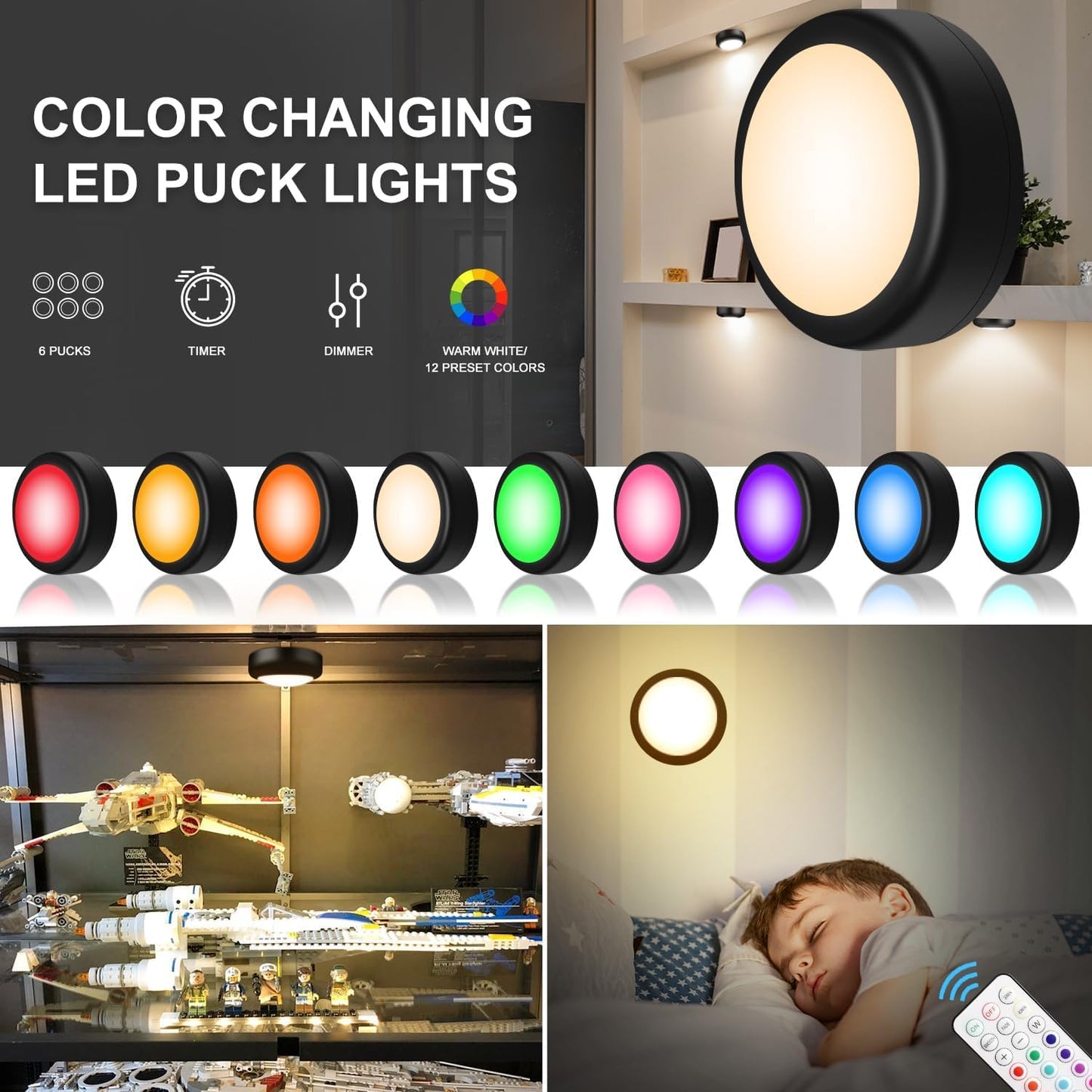 BLS LED Puck Lights with Remote Control, Wireless Under Cabinet & Closet Lighting, RGB 13 Color Changing Lights with Dimmer, Timer & AA Battery Operated, Push, Touch, Stick on for Night, Black, 6 Pack