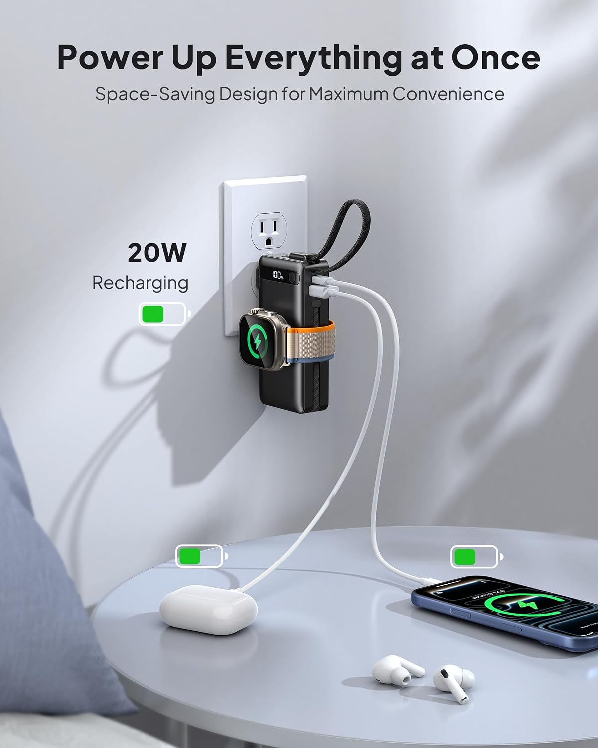 10000mAh 22.5W Power Bank Portable Charger with Built-in Cables & Wall Plug | 5 in 1 Compact USB C Fast Charging Travel Essentials Battery Pack for iPhone 17/16/15/14/12/11 Apple Watch Ultra/11/10/9/8/SE