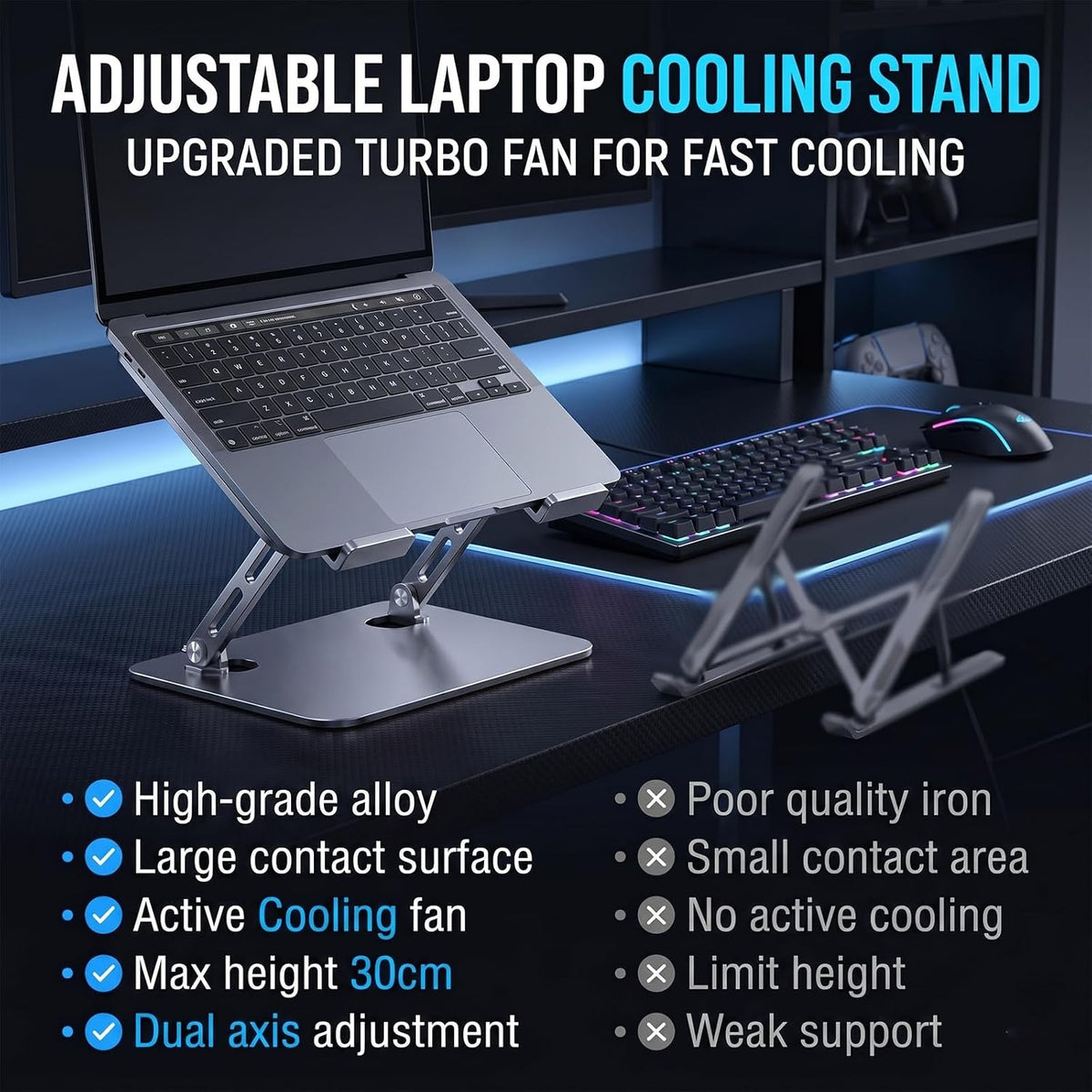Laptop Cooling Stand with 12cm Turbo Fan, Ergonomic Dual-Axis Laptop Riser with 30cm Height Adjustment & 180° Rotation, 20KG Bearing Desk Stand for 11"-17" Laptops, Tablets, Gaming & Work (Silver)