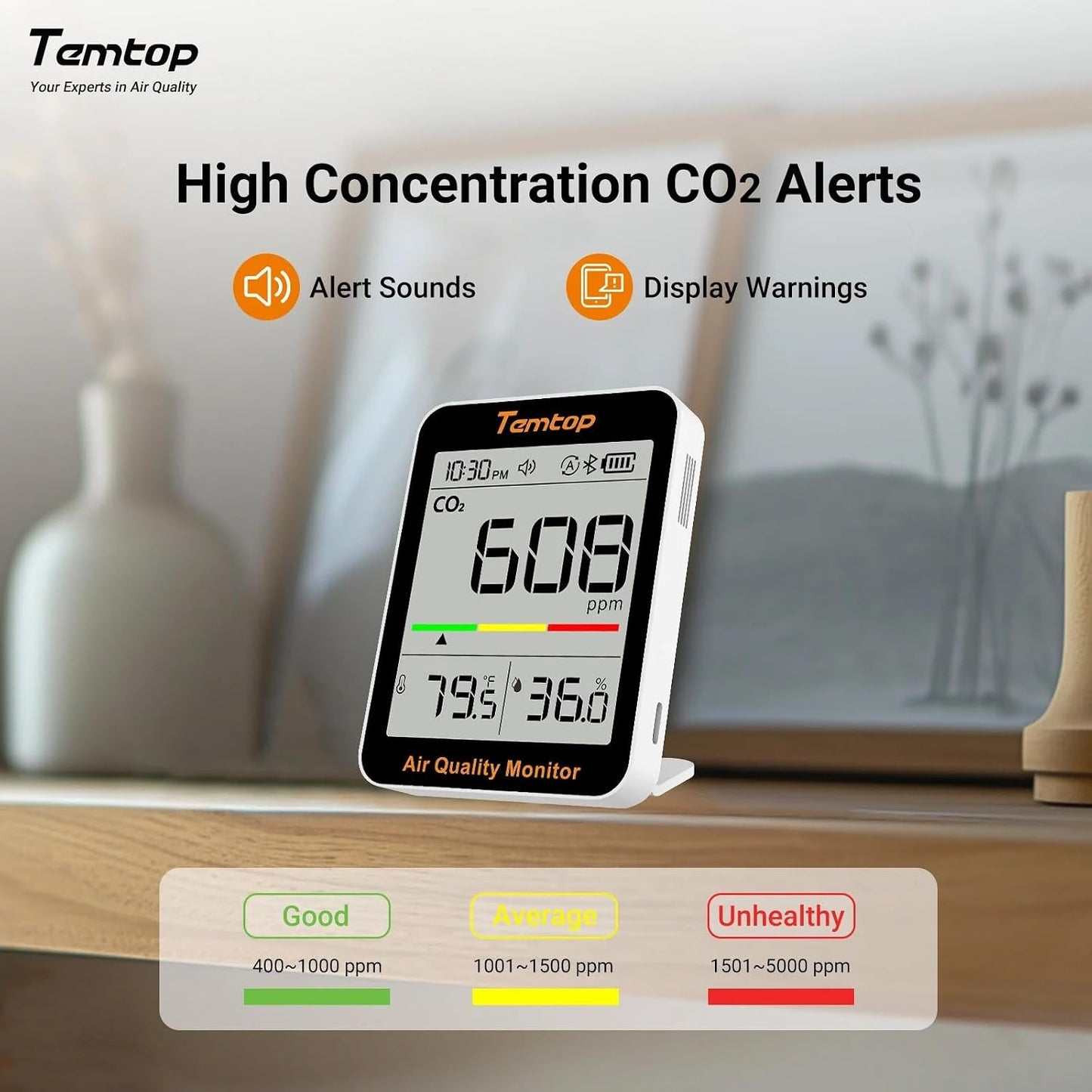Temtop C1+ CO2 Monitor, Indoor Air Quality Monitor with BLE App | Portable CO2 Meter, CO2 Temperature Humidity Detector, Real-Time Data Sync for Home, Office, School, Baby Room