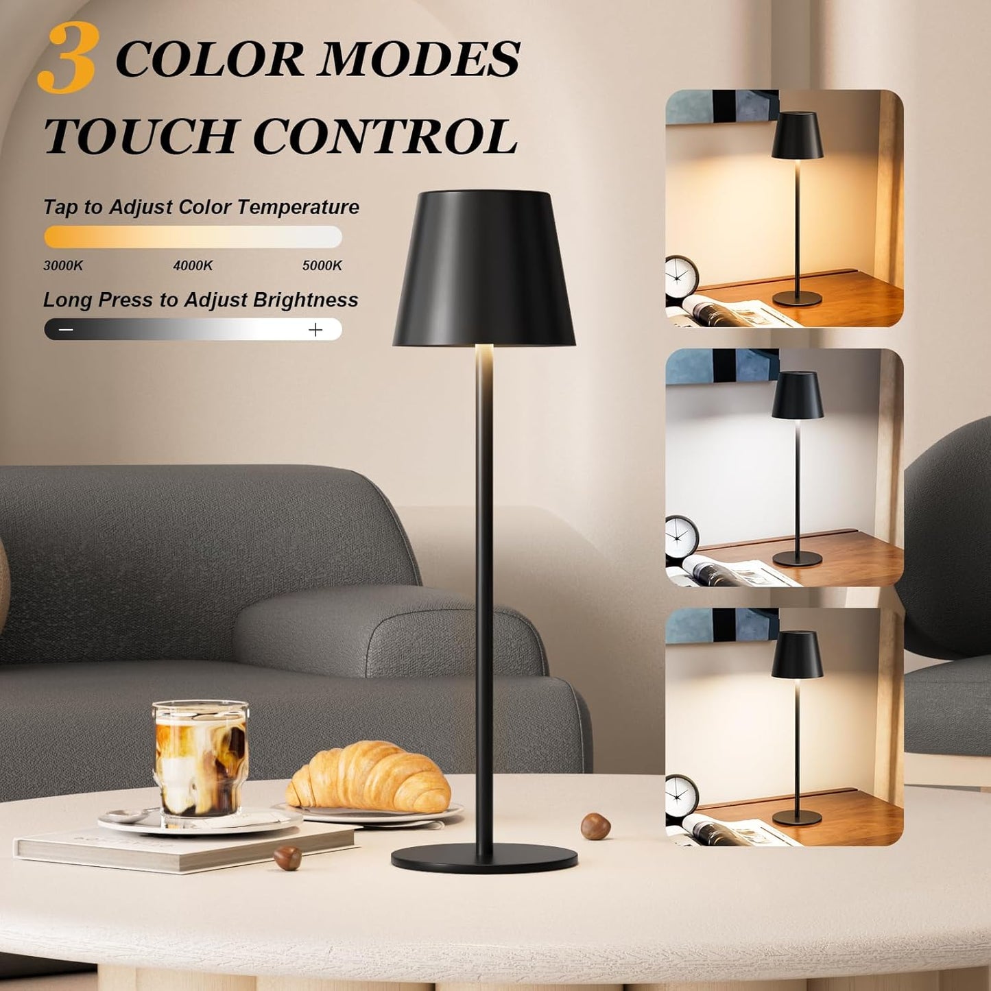 Kakanuo Cordless Table Lamp Rechargeable Black - KK 2 Pack 5000mAH Battery Operated Lamp for Counter, 3 Color Stepless Dimming Wireless Lamp for Dining Kitchen, Outdoor Patio, Touch Control