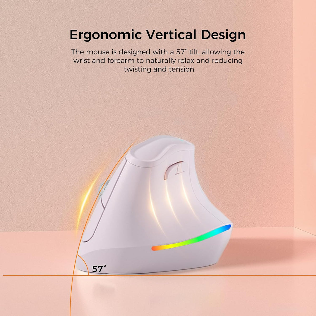KYSONA 57° Wireless Ergonomic Mouse, Vertical Mouse, Carpal Tunnel Mouse, RGB Light, Rechargeable, Bluetooth & 2.4G, 5-Level DPI Adjustment, Quiet Click Ergo Mice Compatible with PC/Laptop/Mac, Pink