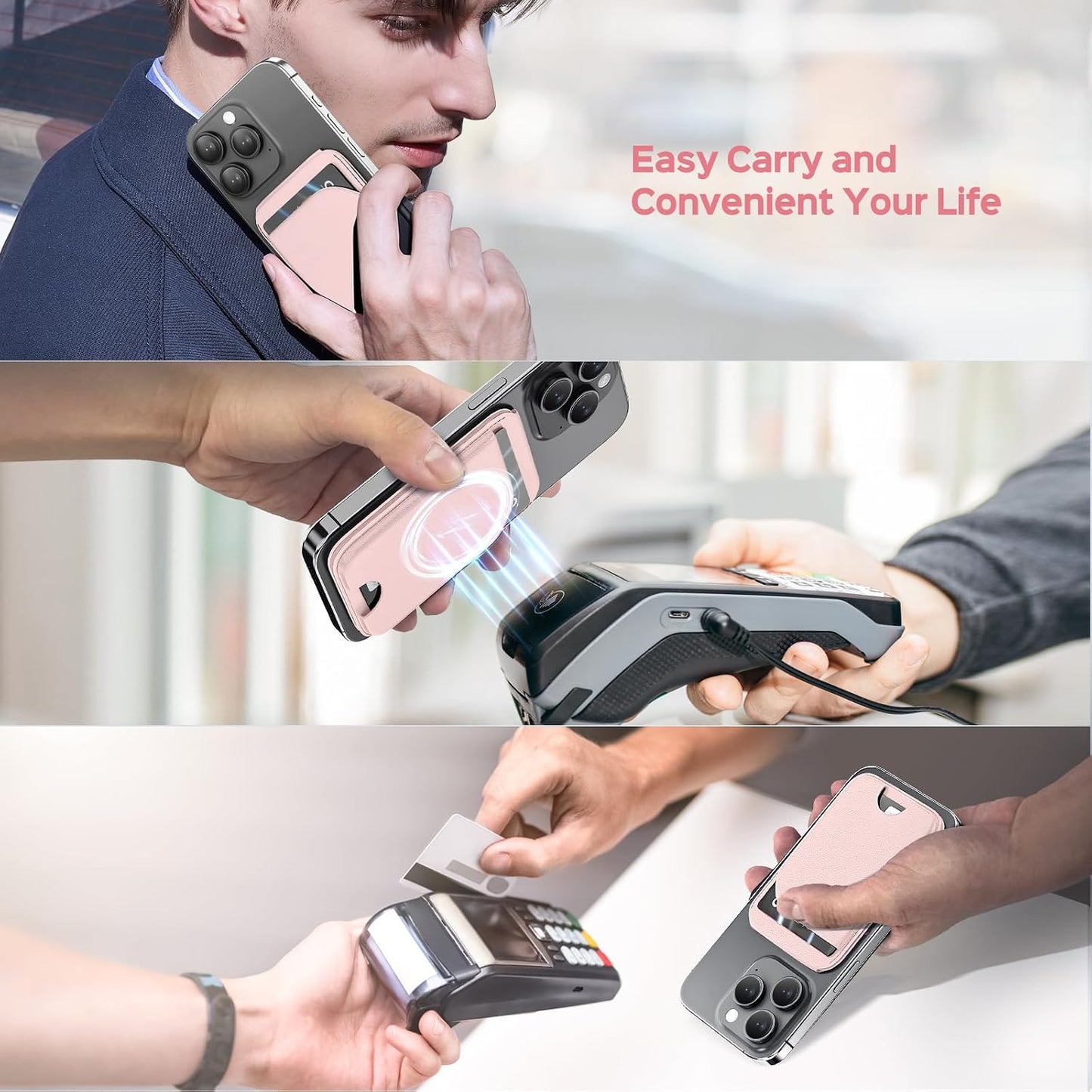 QYQBOON Mag-Safe Wallet for Women Strongest Magnetic Lightweight Phone Wallet Stand Adjustable Leather Card Holder for iPhone 17/16/15/14/13/12 Series, Not for iPhone 13/12 Mini (Pink)