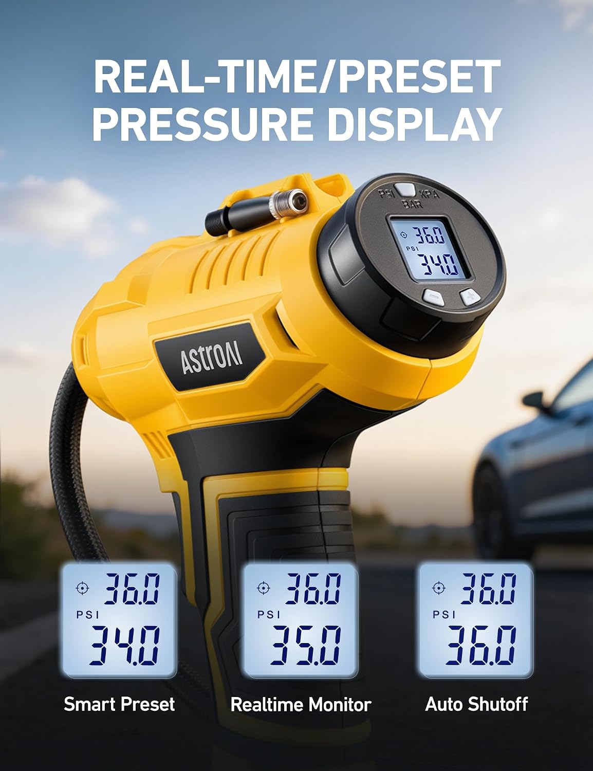 AstroAI Cordless Tire Inflator Portable Air Compressor 160PSI 12VDC Battery | Dual Power Supply Auto Shut-Off Digital Pressure Gauge Fast Inflation Air Pump for Cars Motorcycles Bikes Ball Gift Yellow