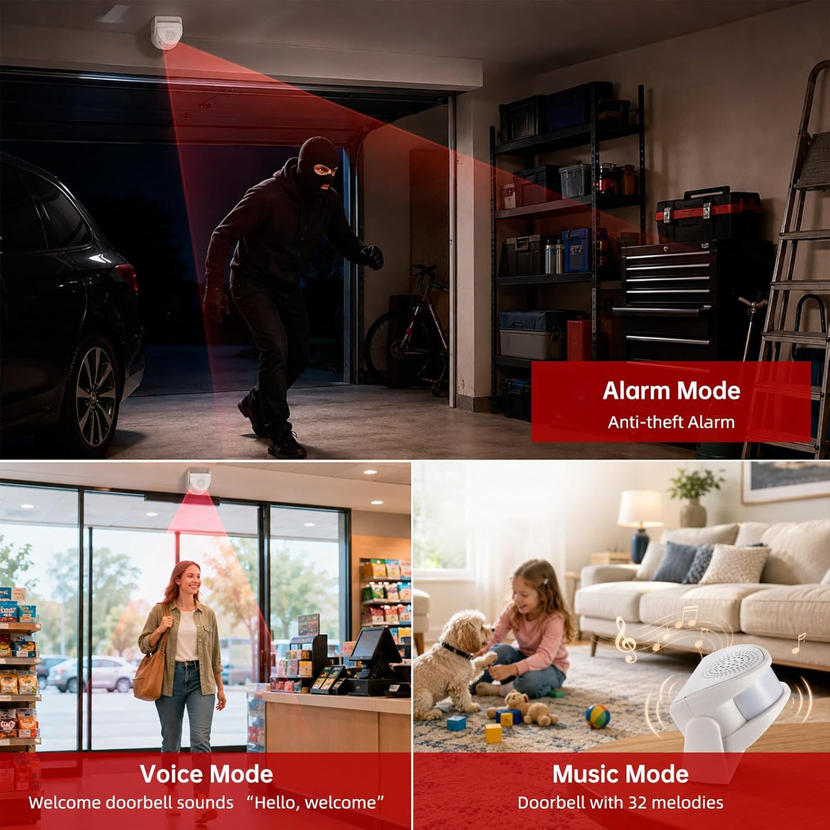 Motion Sensor Doorbell with 90dB Siren, Wireless Motion Detector Door Chime for Business When Entering, 3 Modes, 32 Tunes & 4 Volumes, Entry Alert for Home/Office/Store, with Power Adapter