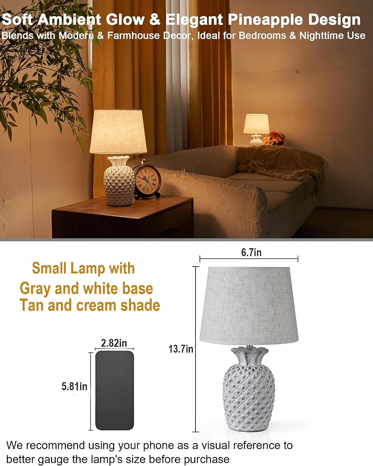 UMEXUS 13" Small Rechargeable Cordless Table Lamp, Pineapple Ceramic Base | Battery Powered, Remote Control Timer Dimmer, RGB & Warm Lights, Farmhouse Decorative Nightstand Lamp for Kitchen Living Room