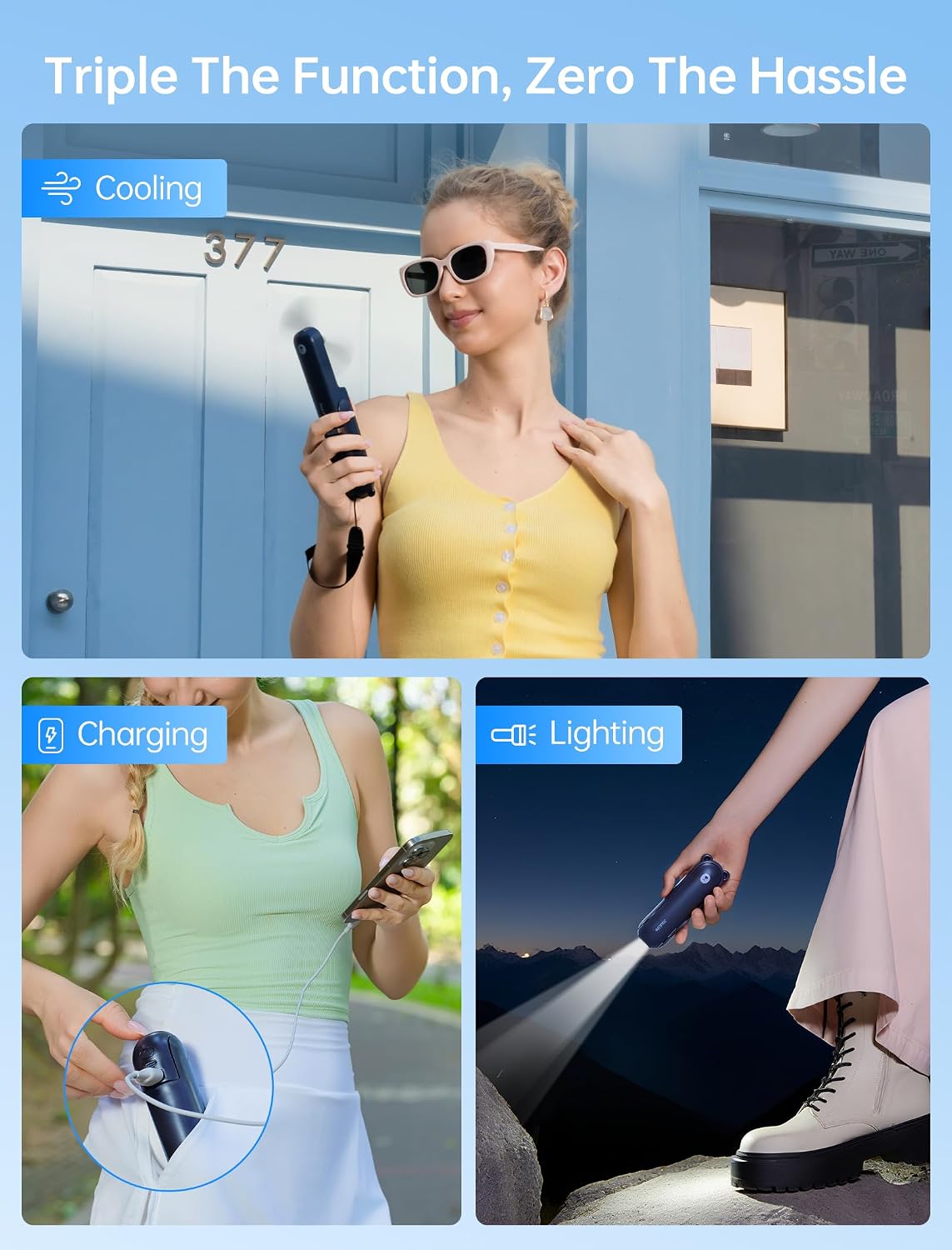 JISULIFE 3 IN 1 Portable Fan with Power Bank & Flashlight Featured | 19H Max Cooling, USB Rechargeable, Pocket-Sized Handheld Fan for Travel, Cruise, Concerts, Makeup, Summer Gifts for Women