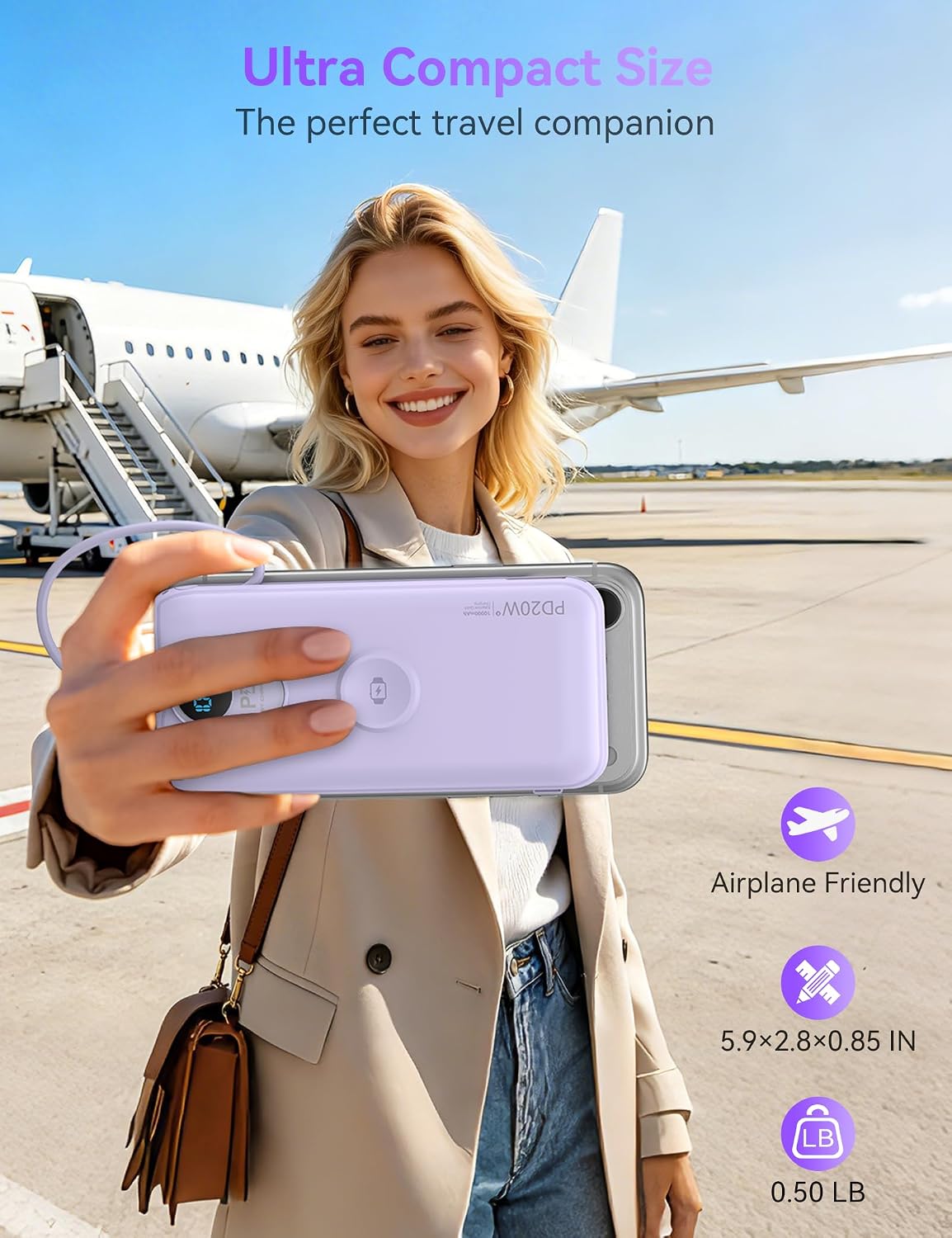 Portable Charger Power Bank 10000mAh PD20W w/Built-in Cables & AC Plug | Portable charger iphone,Fast charging, Built-in wall plug, LED display, Charge 6 devices at once, Pass through charging