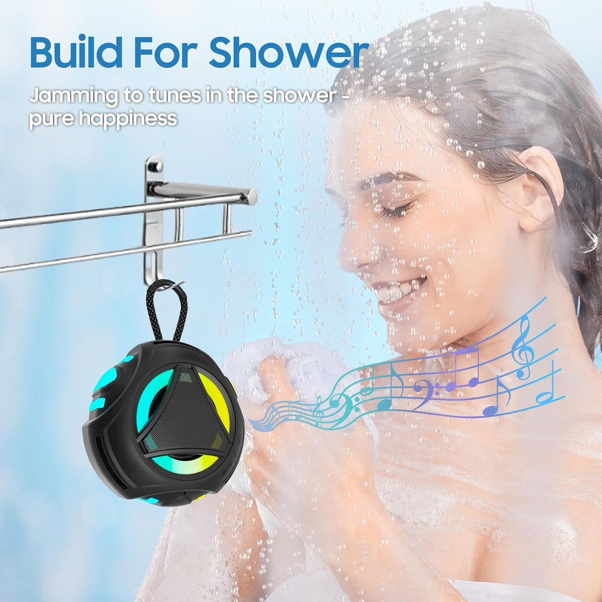 Bluetooth Shower Speake Waterproof，Portable Outdoor Bluetooth Speake with RGB Lights，IPX67 Floating，Built-in Mic，24Hrs Playtime，True Wireless Stereo，Gifts for Teens Boy Girls Women Men - Black