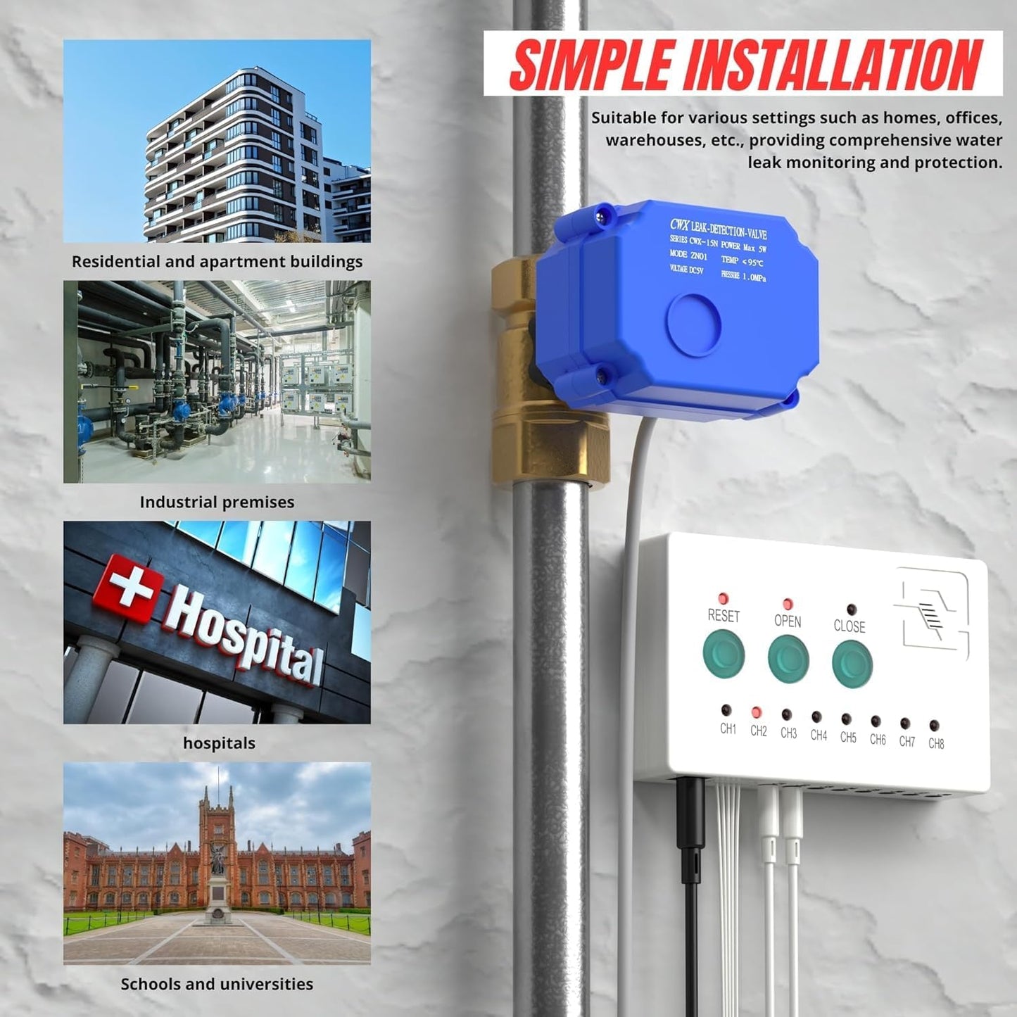Water Leak Detector with 3/4” Brass Automatic Shut-Off Valve, Leak Alarm System with Controller and 2 Sensors, Supports Up to 8 Water Sensors for Home Flood Prevention