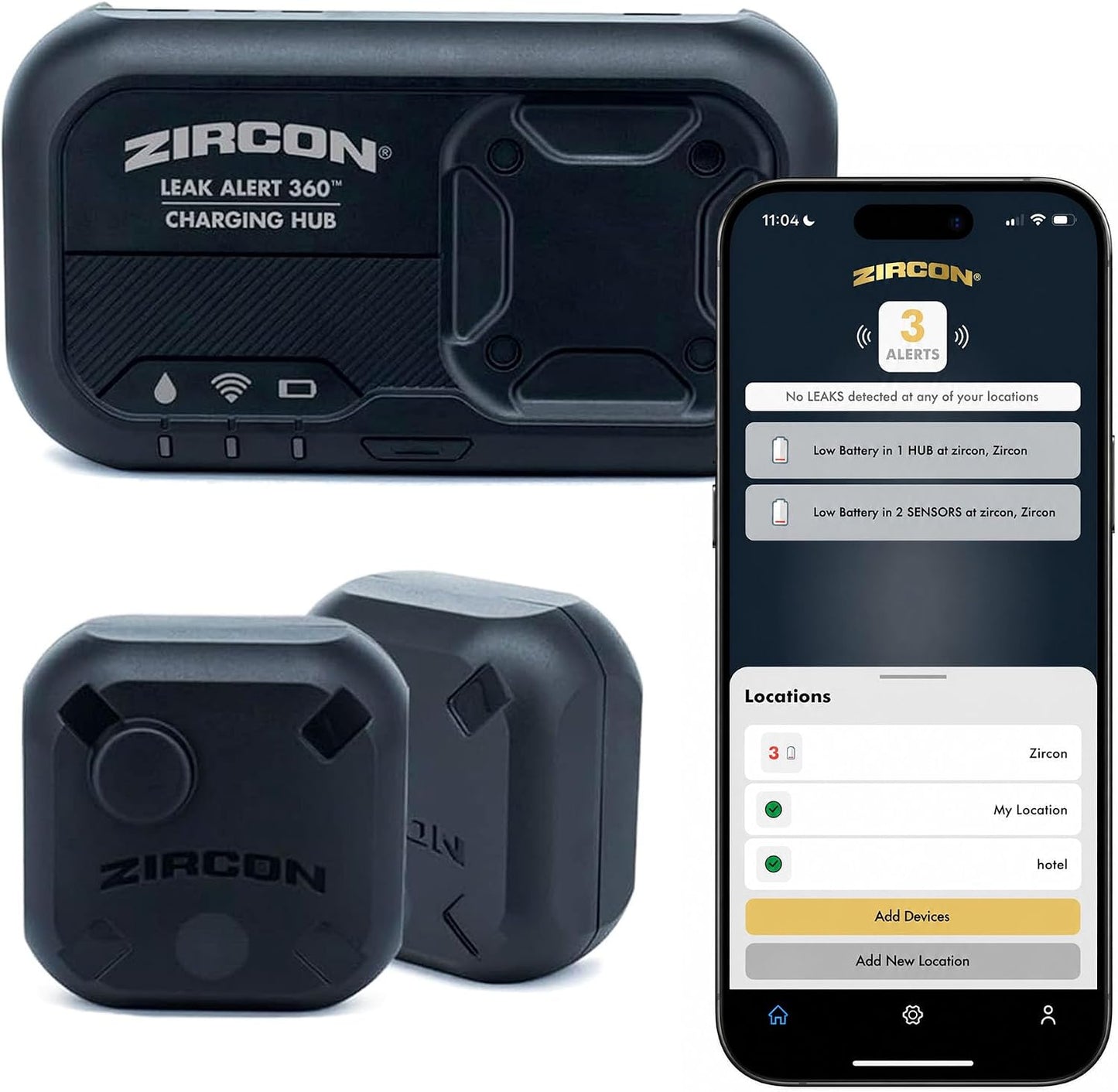 Zircon® Leak Alert 360™ Smart Water Leak Detector Kit, 2 Sensors, iOS Only | Smart water leak detection system with real-time mobile alerts for basements, kitchens and bathrooms, includes 2 sensors