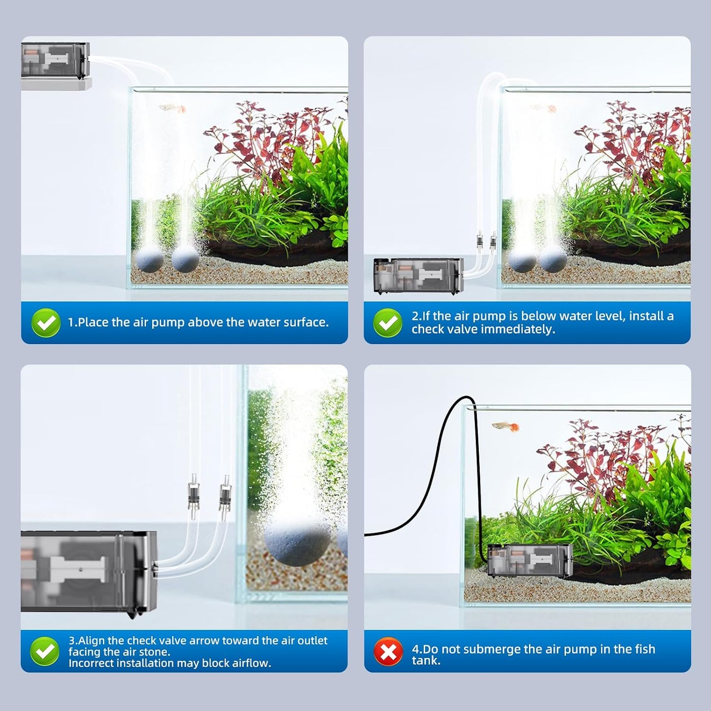 AQUASMITH Aquarium Air Pump,Ultra-Quiet/Small Size/More Output Air Pump for Fish Tank 1.5w/29GPH/14Kpa,with Air Stone Bubbler,Adjustable Airflow,Single Outlet Suitable for 20-40 Gallon Fish Tank