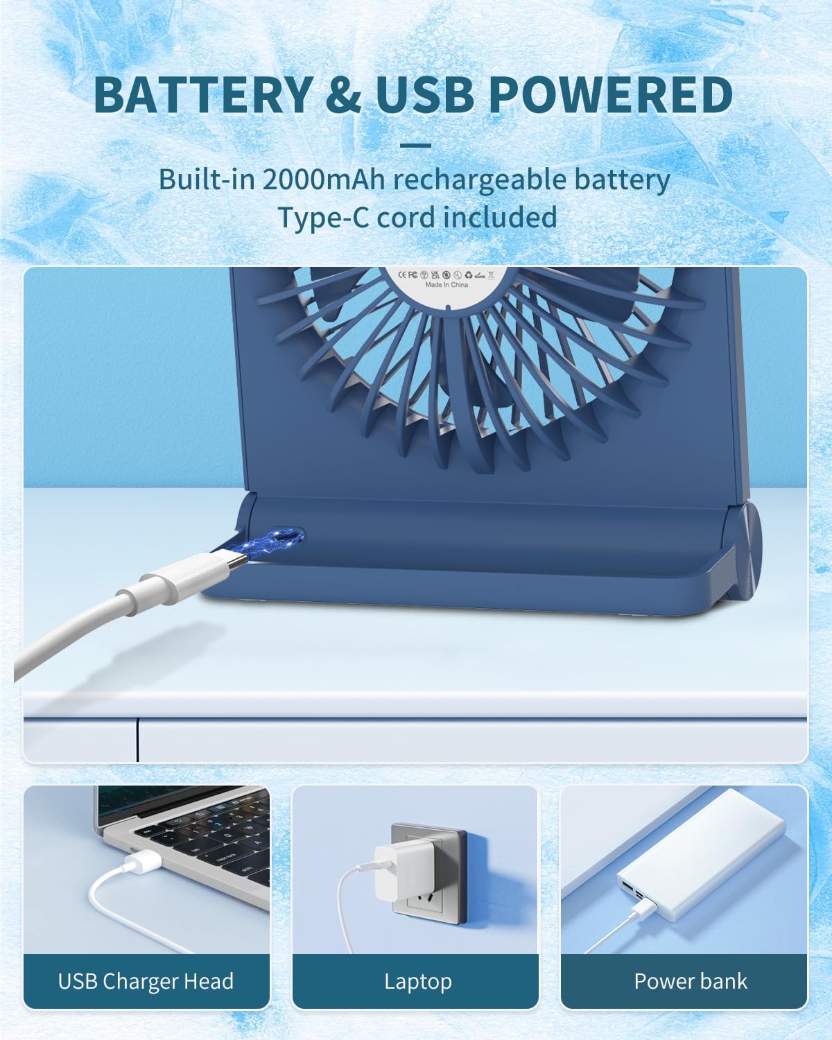 Desk Fan, Rechargeable Battery Operated, 3 Speeds Ultra Quiet Strong Wind | USB-C powered,180° tilt folding.25dB quiet.2000mAh battery:12/8.5/4.5hrs.Portable,personal fan for desk,office,home,bedroom.