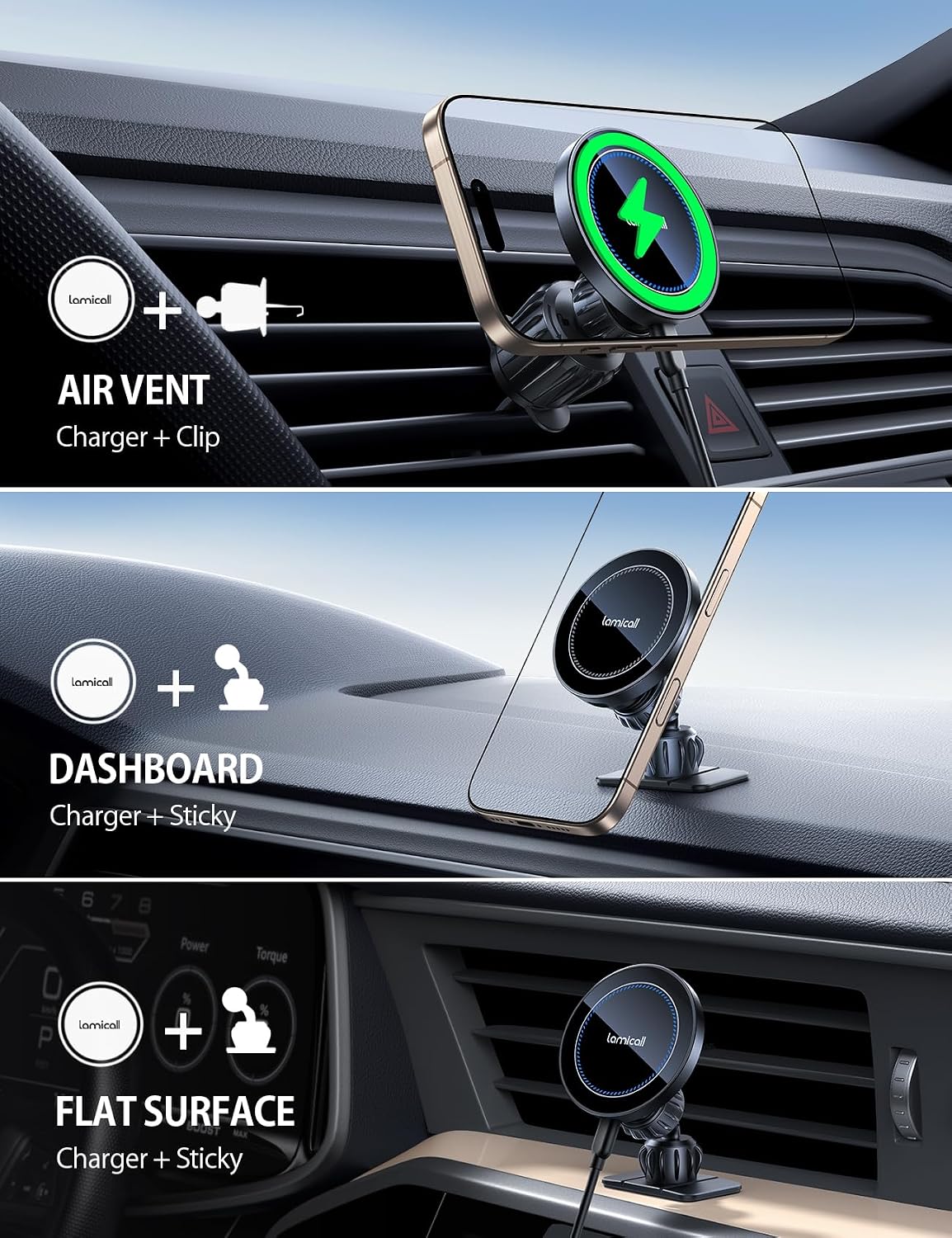 Lamicall 15W for MagSafe Car Mount Charger Vent Dashboard 360° for iPhone | 20x Strong Magnets Wireless Car Phone Holder Charger Phone Holder Accessories for Women Men for iPhone 17 16 15 Pro Max Black