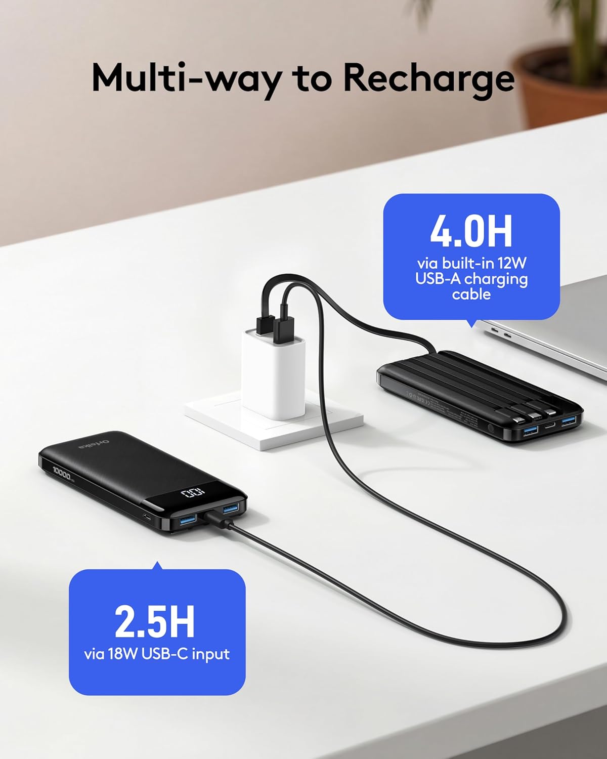 Orfeika Fast Charging Portable Charger Power Bank with Built-in 4 Cables | 10000mAh|Ultra-Slim&Light|Flight-Safe|Power 6 Devices at Once|22.5W|Battery Pack For iPhone,Samsung,Google|Travel Essentials