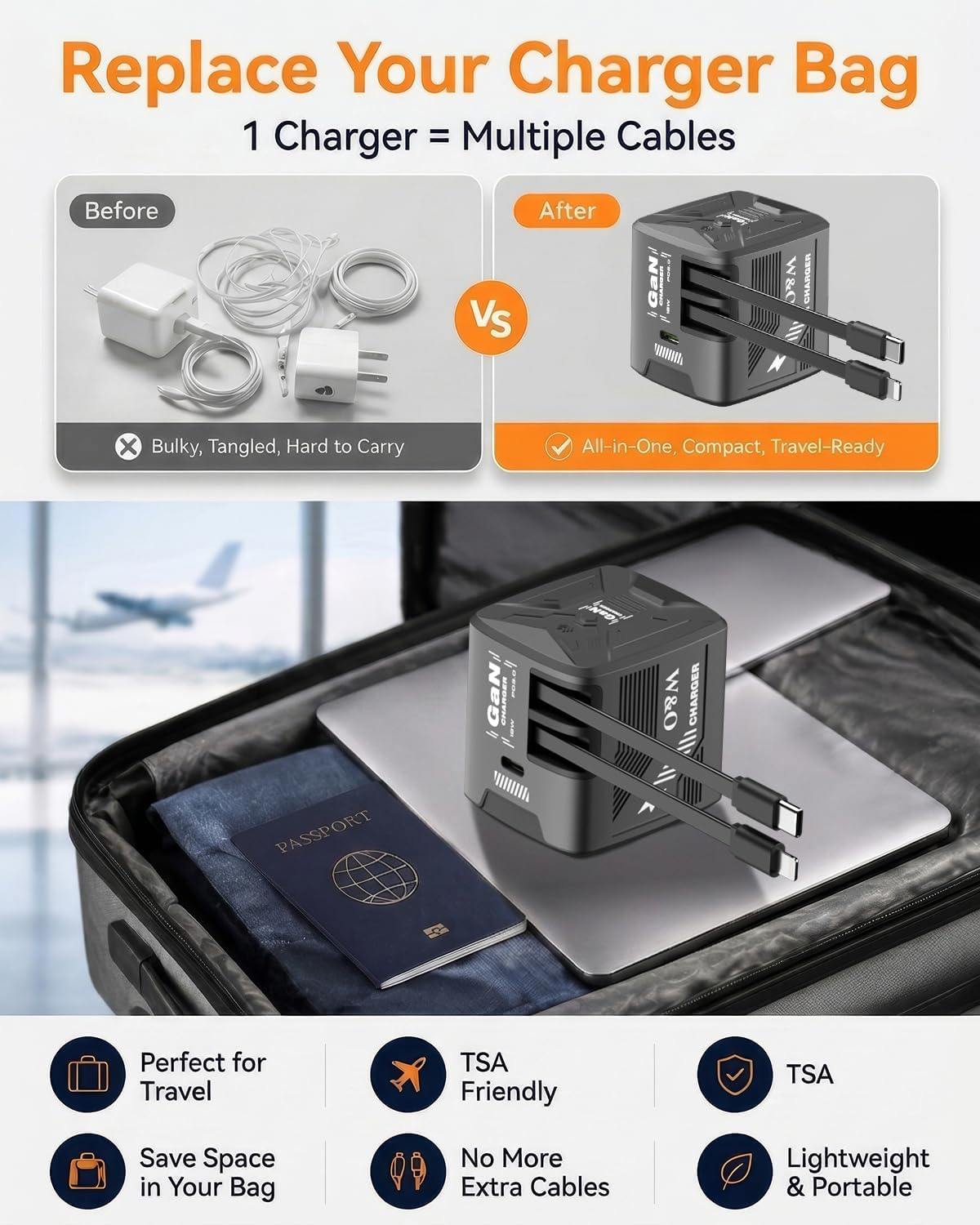 W & O 60W GaN Fast Charger Wall Plug, Built-in Retractable USB-C & L Cables | Retractable Wall Charger with 47.2" Cables, One Pull Charging, No Cable Mess Solution for iPhone 17/16/15, Galaxy S25/S24