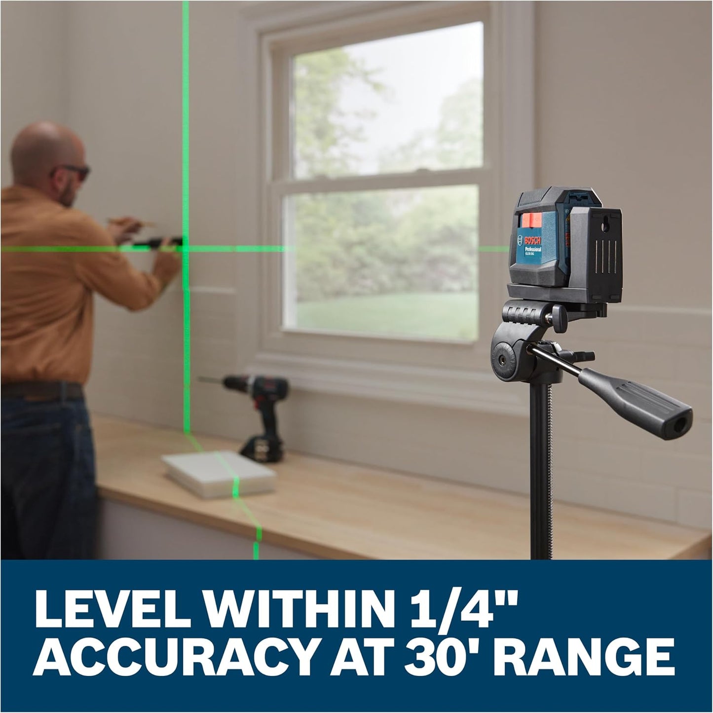 BOSCH GLL50-20G 50 Ft Green-Beam Self-Leveling Cross-Line Laser, Includes Integrated Magnetic Mount, 2 AA Batteries, & Soft Pouch