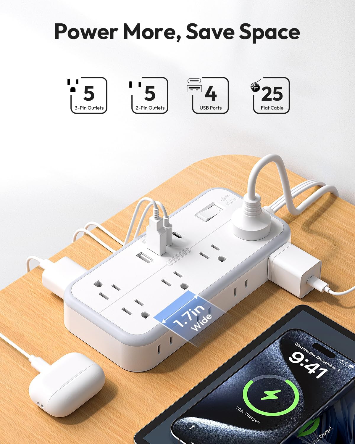 Flat Extension Cord 25 FT, NTONPOWER Long Power Strip, 10 Outlets 4 USB Ports (2 USB C), 3 Side 3 Prong & 2 Prong, Overload Protection, Flat Plug Wall Mount, White, SurgePro