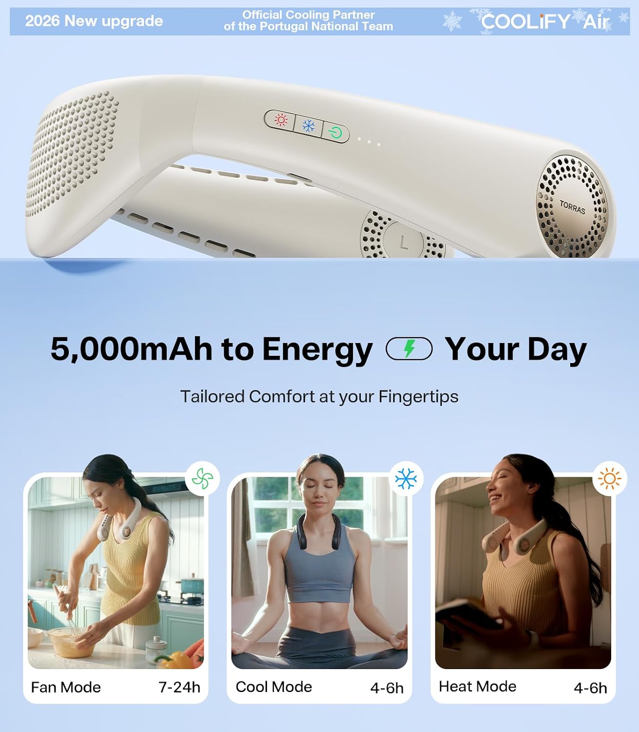 TORRAS COOLiFY Air 2026 Upgraded Neck Fan Air Conditioner, Dual-Airflow Pro Cooling, Ultra Light Portable Fan Rechargeable, Personal Cooling Fan Travel Essentials, Gift for Dad Father,Ivory White