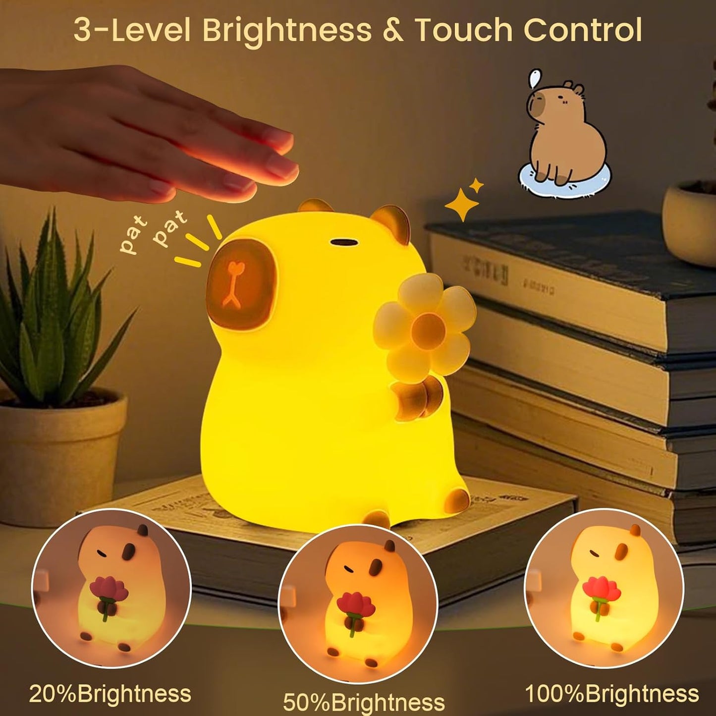 Capybara Night Light, 7-Color RGB, 3-Level Dimmable, Rechargeable | Cute Silicone Capybara Night Light, 7-Color RGB, 3-Level Dimmable, Touch Lamp, Rechargeable, 30-Min Timer, Gift for Kids