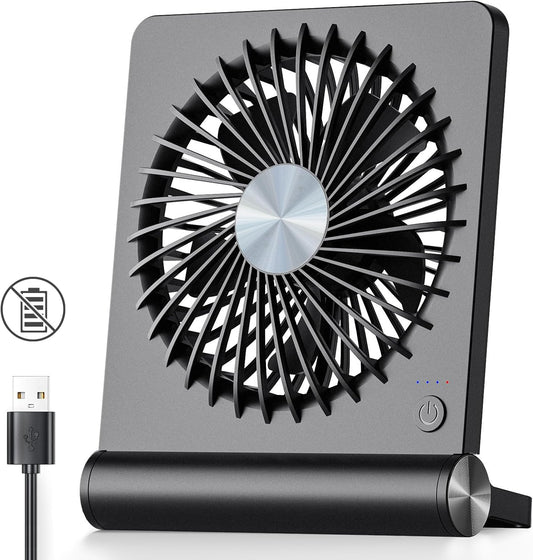 Koonie USB Desk Fan, Strong Wind Ultra Quiet Small Mini Fan | 220° Tilt Folding & 3 Speeds Adjustable, USB-C Powered Personal Fan for Home Office Desktop, Black, NO BATTERY